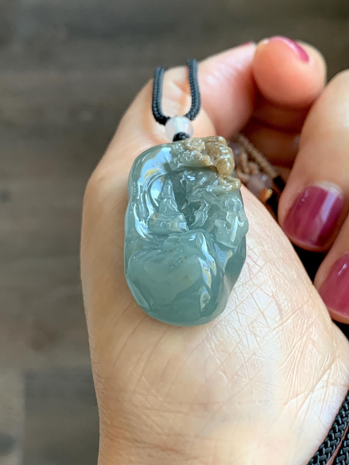 Natural Grade A Guatemalan Icy Dusty Blue & Brown Bicolored Jade Jadeite Kind and Evil Pendant Rope Necklace 28g 天然冰危淡蓝皮壳翡翠一念之间吊坠 WSL350B