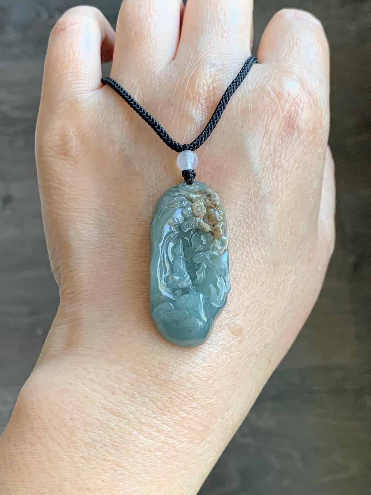 Natural Grade A Guatemalan Icy Dusty Blue & Brown Bicolored Jade Jadeite Kind and Evil Pendant Rope Necklace 28g 天然冰危淡蓝皮壳翡翠一念之间吊坠 WSL350B