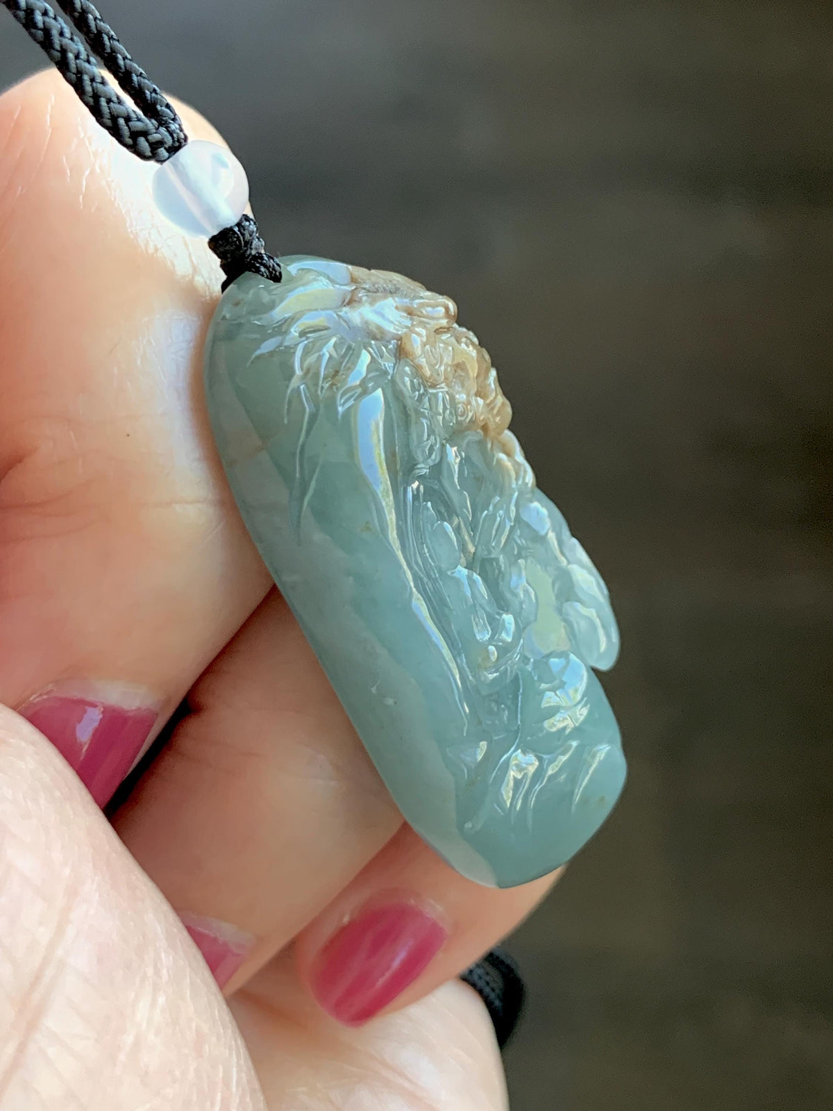 Natural Grade A Guatemalan Icy Dusty Blue & Brown Bicolored Jade Jadeite Kind and Evil Pendant Rope Necklace 28g 天然冰危淡蓝皮壳翡翠一念之间吊坠 WSL350B