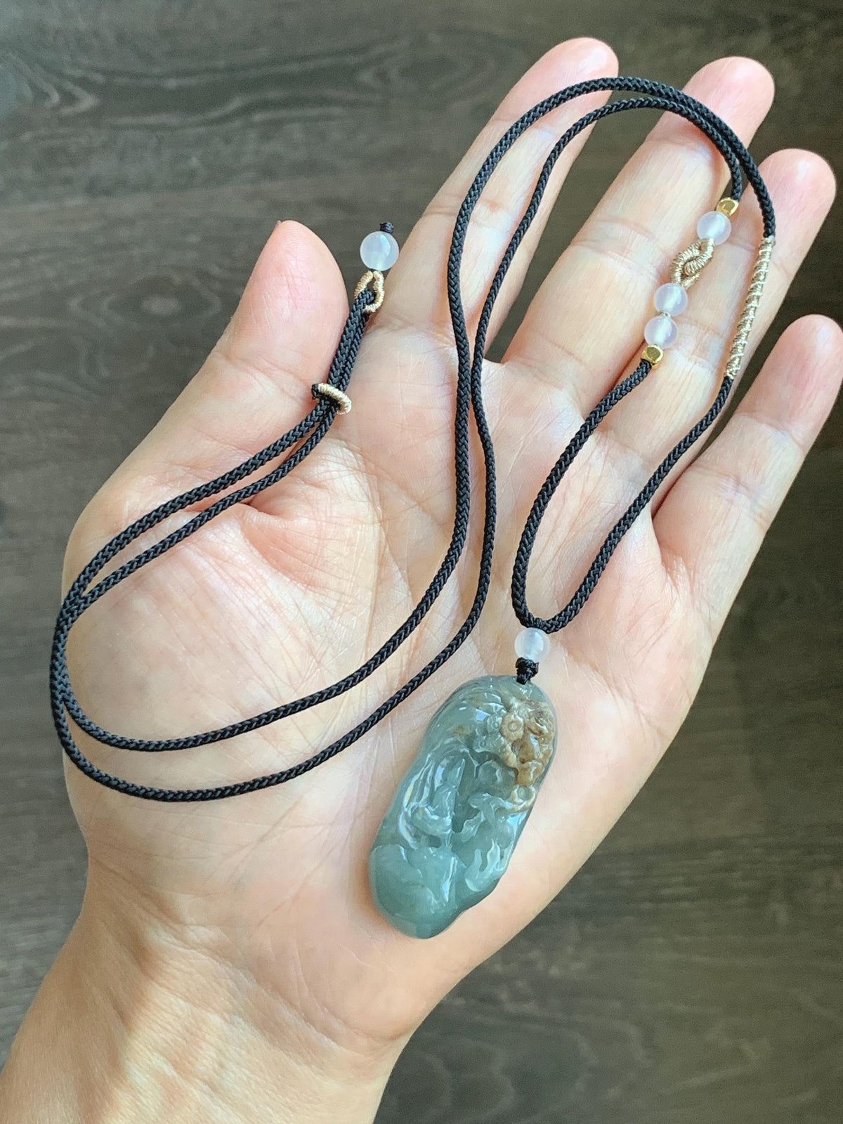 Natural Grade A Guatemalan Icy Dusty Blue & Brown Bicolored Jade Jadeite Kind and Evil Pendant Rope Necklace 28g 天然冰危淡蓝皮壳翡翠一念之间吊坠 WSL350B