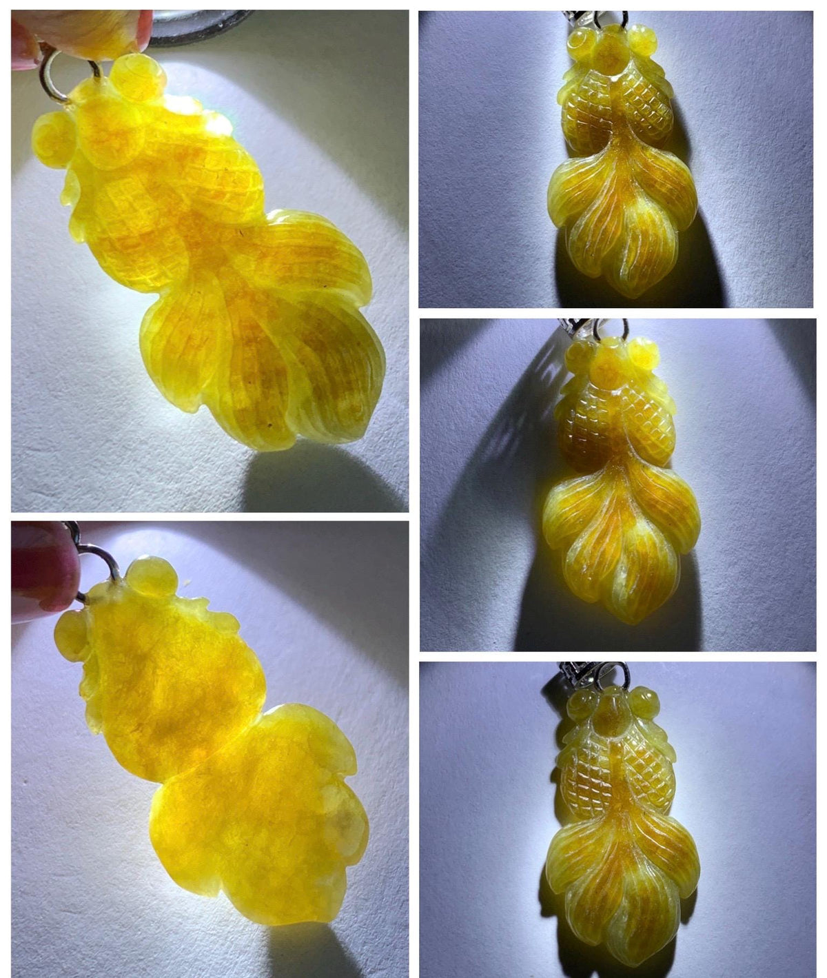 Natural Grade A Icy Translucent Dark Yellow Marbled Jade Jadeite Carved Goldfish Pendant Sterling Silver 4g 天然冰黄翡翠金鱼吊坠 MJY175B