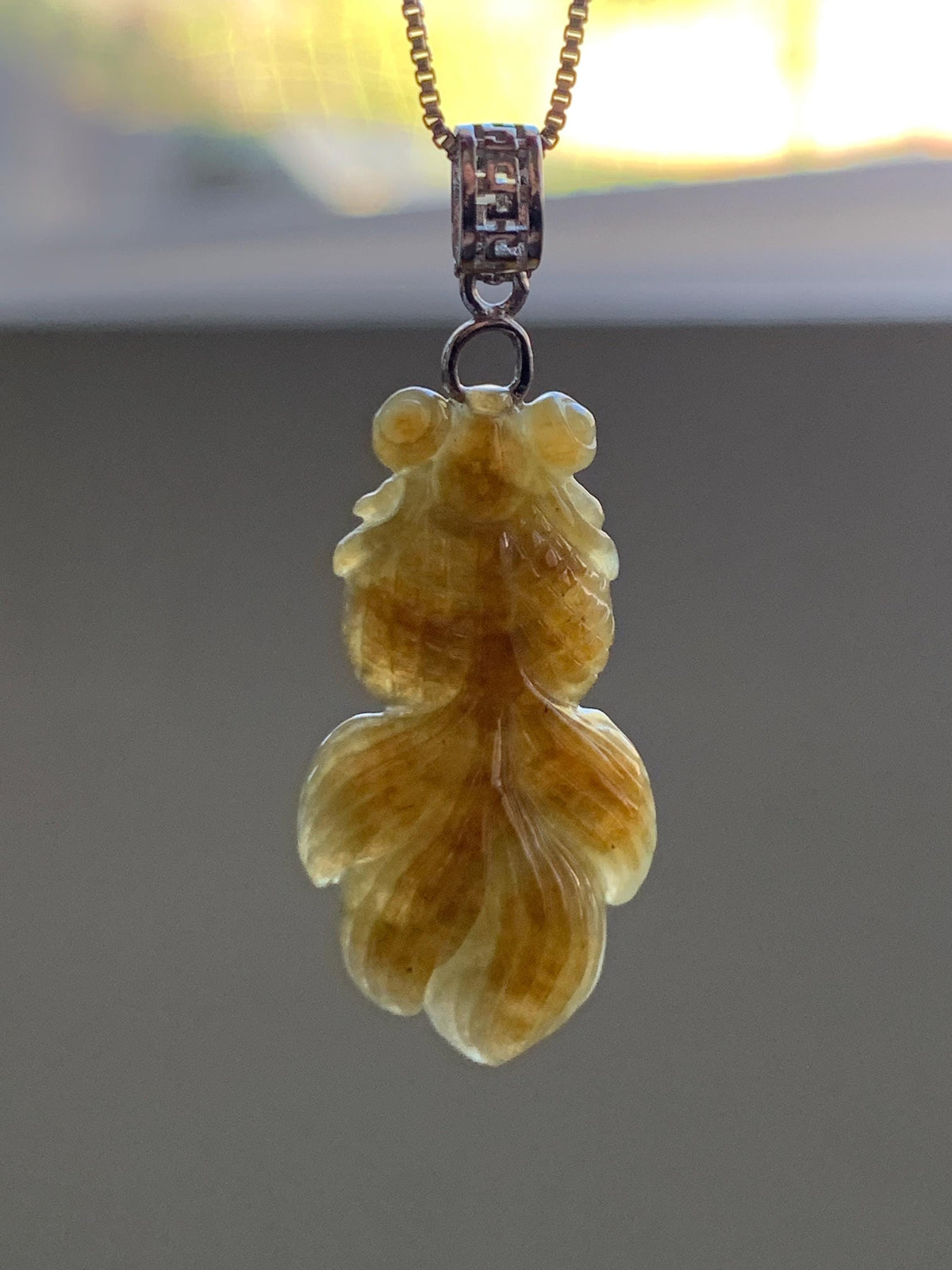 Natural Grade A Icy Translucent Dark Yellow Marbled Jade Jadeite Carved Goldfish Pendant Sterling Silver 4g 天然冰黄翡翠金鱼吊坠 MJY175B