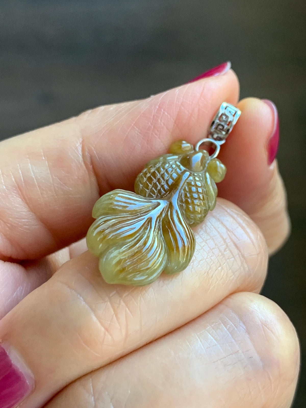 Natural Grade A Icy Translucent Dark Yellow Marbled Jade Jadeite Carved Goldfish Pendant Sterling Silver 4g 天然冰黄翡翠金鱼吊坠 MJY175B