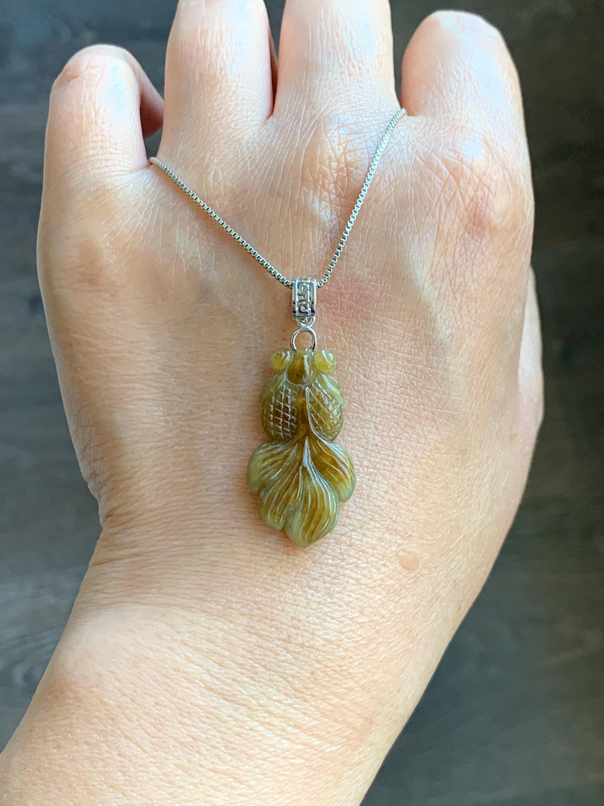 Natural Grade A Icy Translucent Dark Yellow Marbled Jade Jadeite Carved Goldfish Pendant Sterling Silver 4g 天然冰黄翡翠金鱼吊坠 MJY175B
