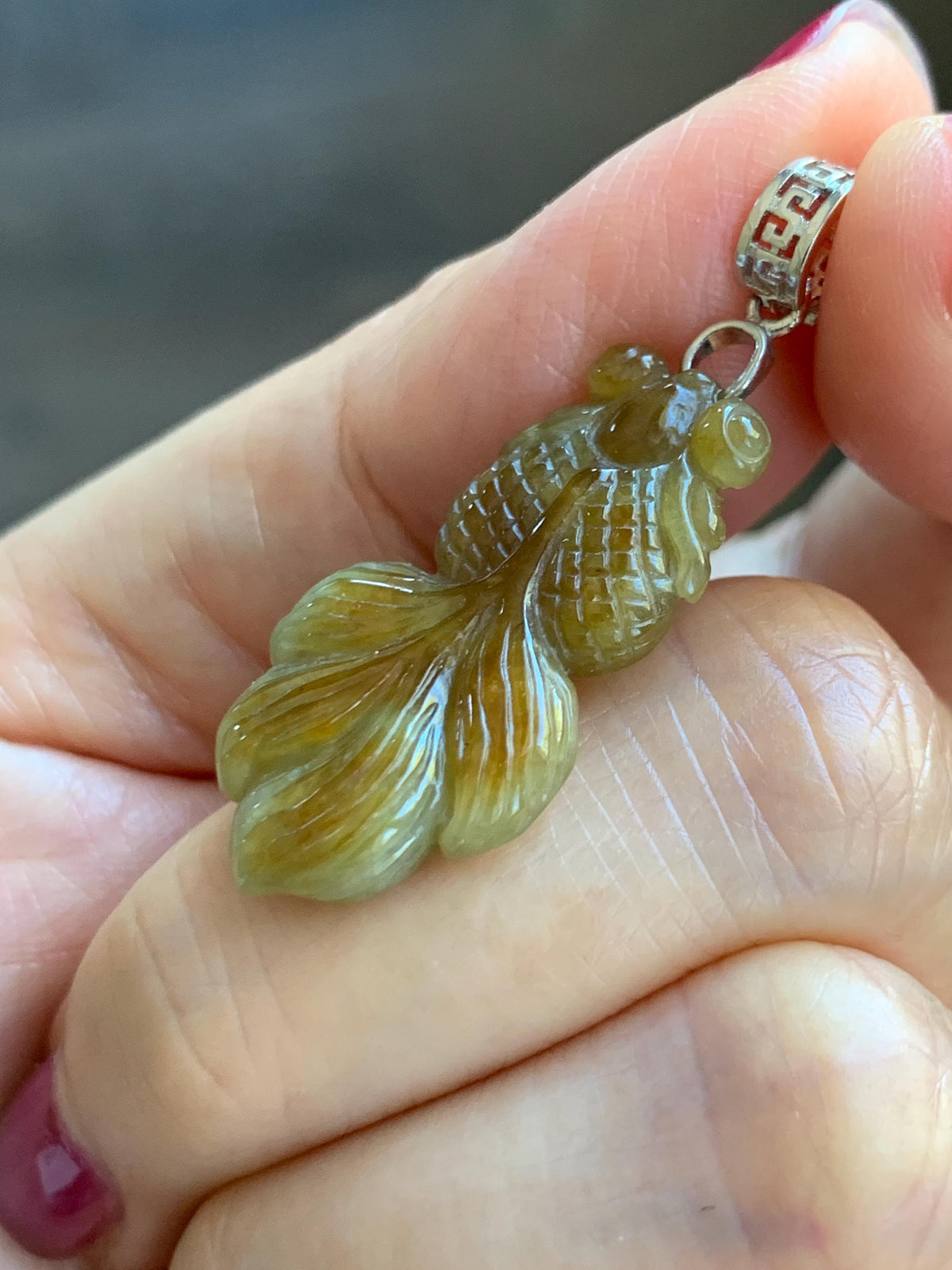 Natural Grade A Icy Translucent Dark Yellow Marbled Jade Jadeite Carved Goldfish Pendant Sterling Silver 4g 天然冰黄翡翠金鱼吊坠 MJY175B