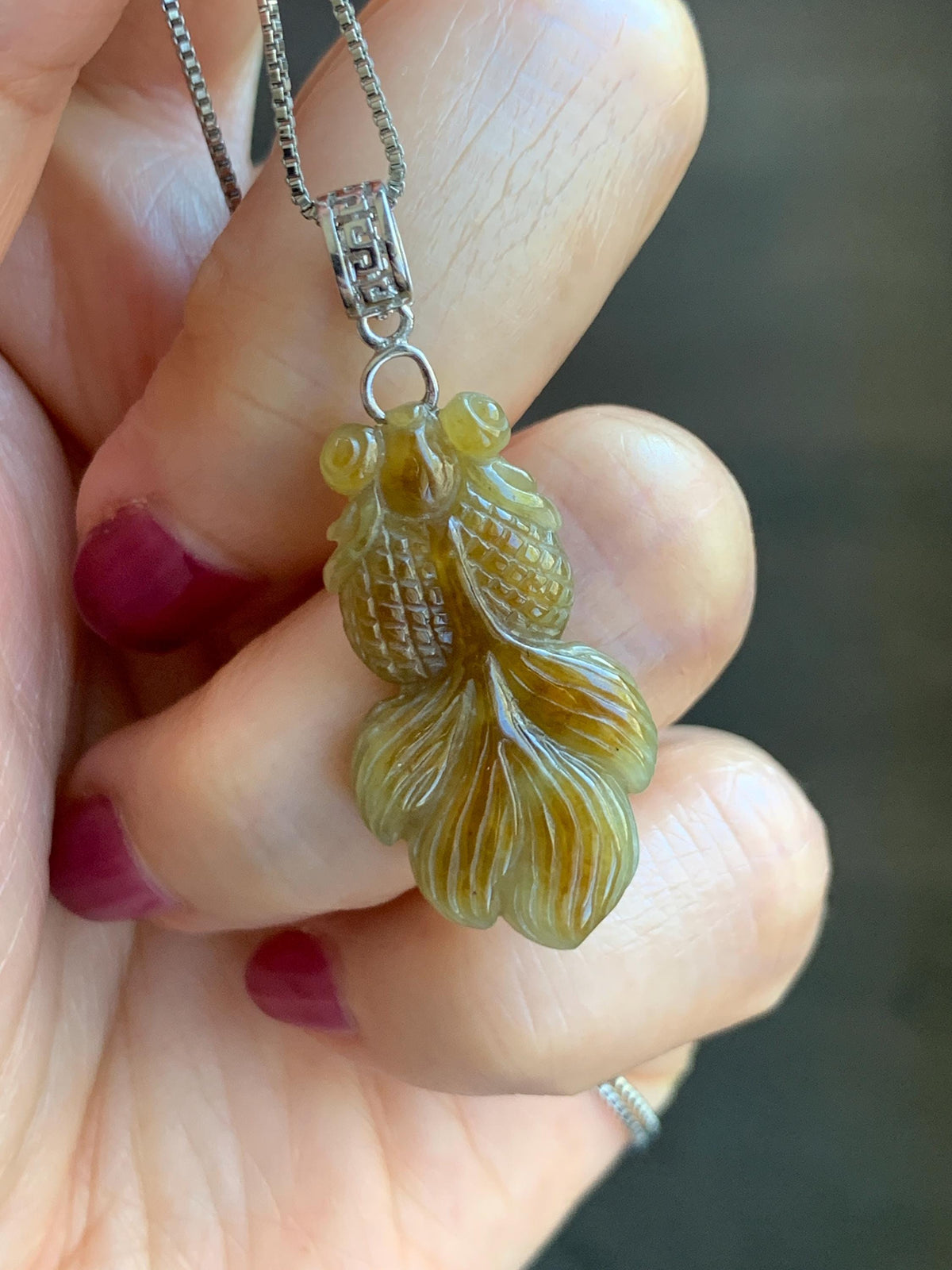 Natural Grade A Icy Translucent Dark Yellow Marbled Jade Jadeite Carved Goldfish Pendant Sterling Silver 4g 天然冰黄翡翠金鱼吊坠 MJY175B