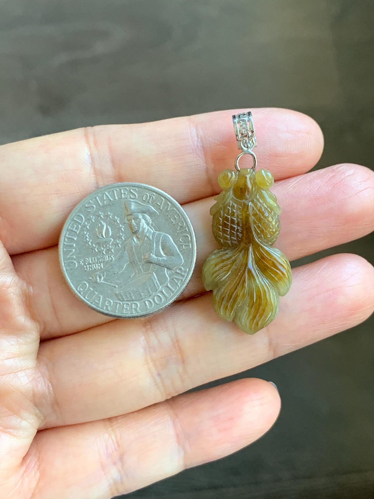 Natural Grade A Icy Translucent Dark Yellow Marbled Jade Jadeite Carved Goldfish Pendant Sterling Silver 4g 天然冰黄翡翠金鱼吊坠 MJY175B