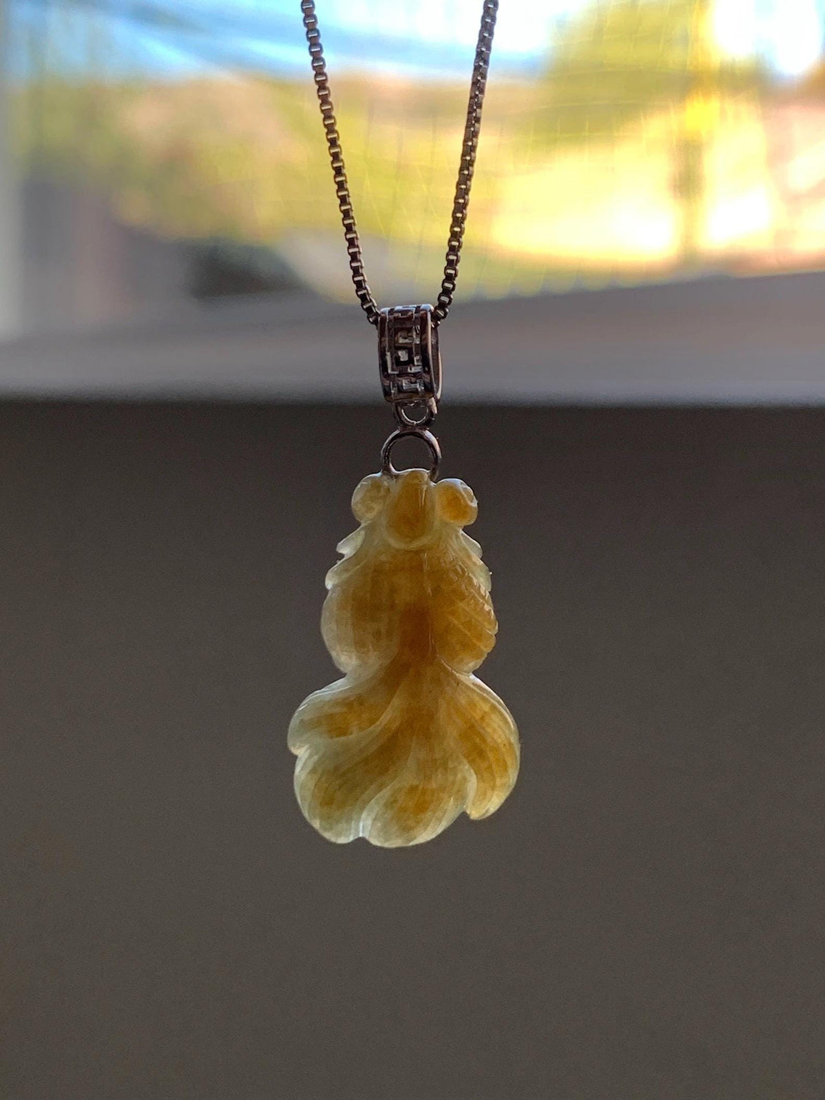 Natural Grade A Icy Translucent Dark Yellow Marbled Jade Jadeite Carved Goldfish Pendant Sterling Silver 3g 天然冰黄翡翠金鱼吊坠 MJY175A