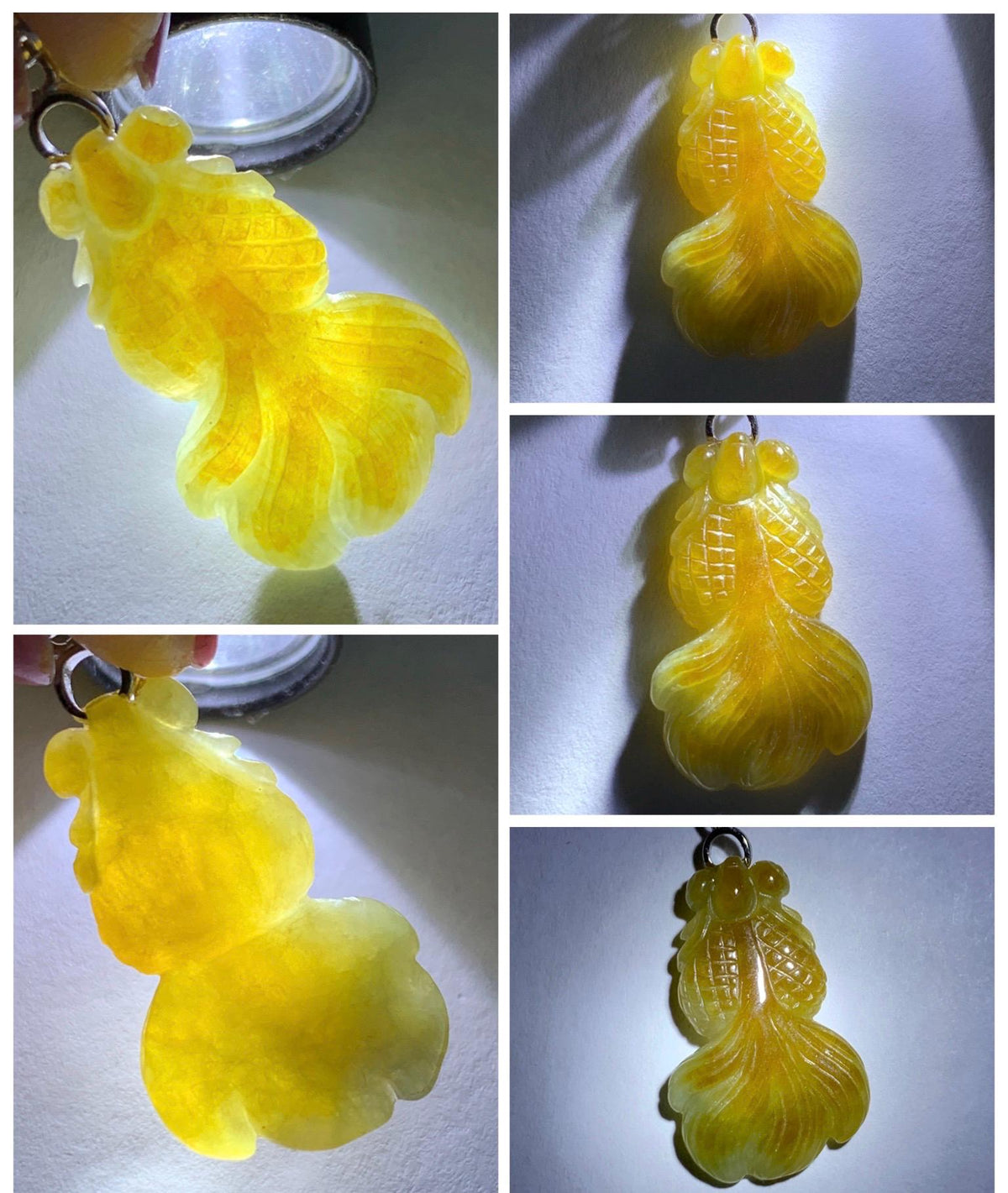 Natural Grade A Icy Translucent Dark Yellow Marbled Jade Jadeite Carved Goldfish Pendant Sterling Silver 3g 天然冰黄翡翠金鱼吊坠 MJY175A