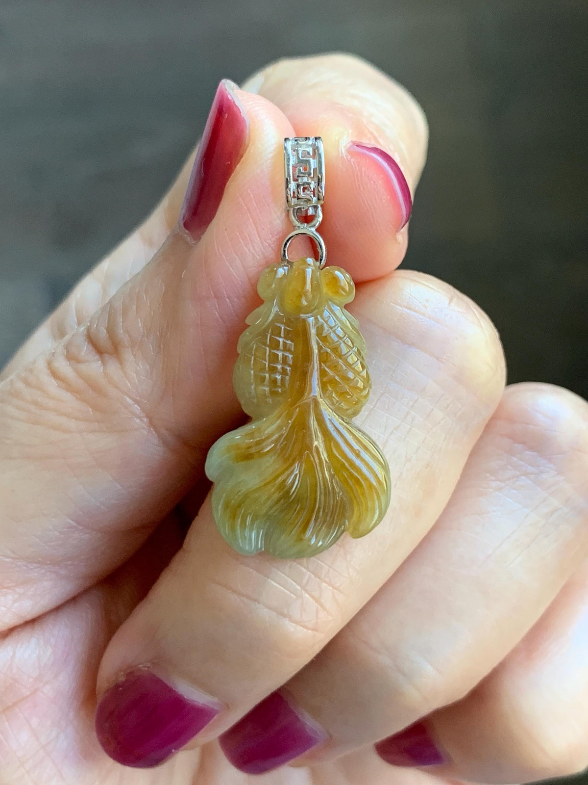 Natural Grade A Icy Translucent Dark Yellow Marbled Jade Jadeite Carved Goldfish Pendant Sterling Silver 3g 天然冰黄翡翠金鱼吊坠 MJY175A
