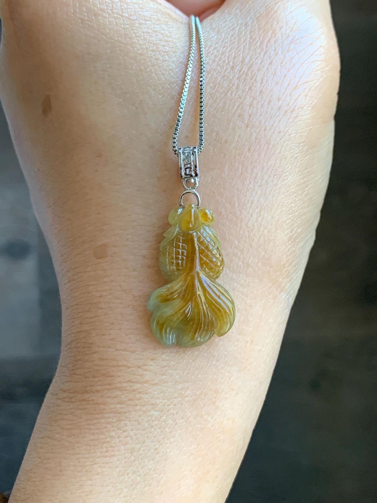 Natural Grade A Icy Translucent Dark Yellow Marbled Jade Jadeite Carved Goldfish Pendant Sterling Silver 3g 天然冰黄翡翠金鱼吊坠 MJY175A