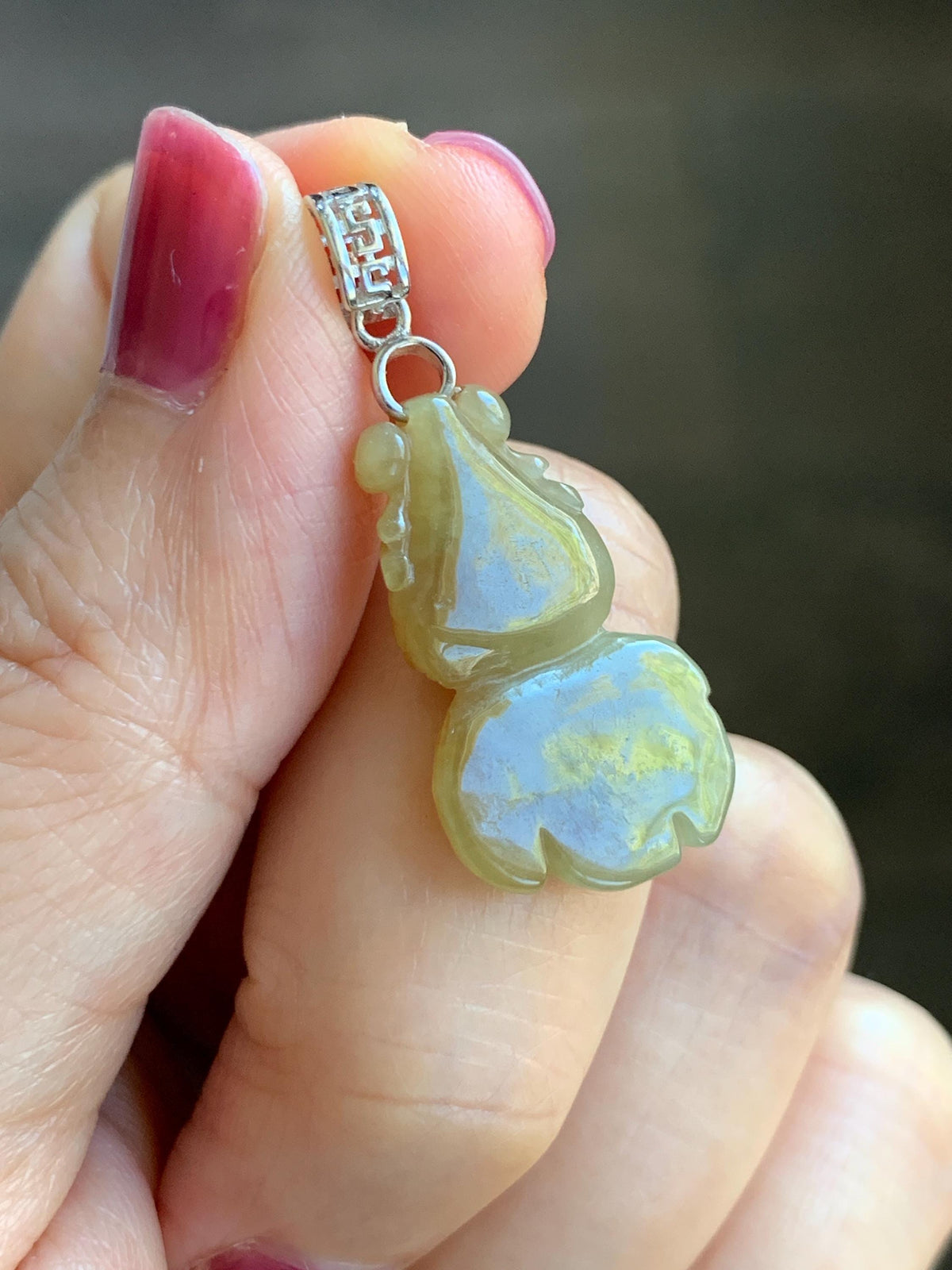 Natural Grade A Icy Translucent Dark Yellow Marbled Jade Jadeite Carved Goldfish Pendant Sterling Silver 3g 天然冰黄翡翠金鱼吊坠 MJY175A