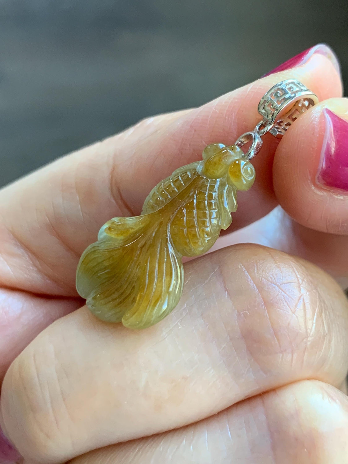 Natural Grade A Icy Translucent Dark Yellow Marbled Jade Jadeite Carved Goldfish Pendant Sterling Silver 3g 天然冰黄翡翠金鱼吊坠 MJY175A