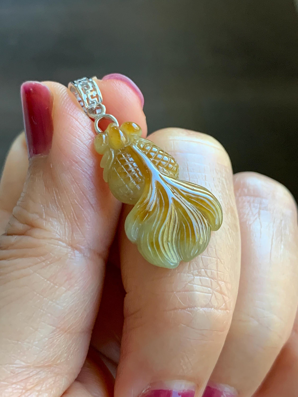 Natural Grade A Icy Translucent Dark Yellow Marbled Jade Jadeite Carved Goldfish Pendant Sterling Silver 3g 天然冰黄翡翠金鱼吊坠 MJY175A