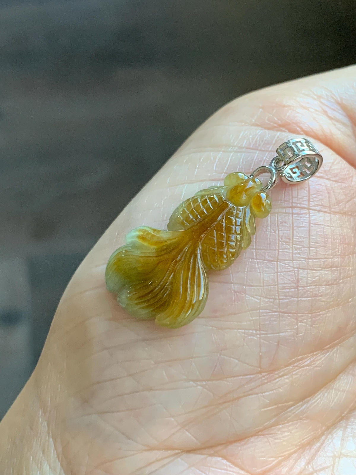 Natural Grade A Icy Translucent Dark Yellow Marbled Jade Jadeite Carved Goldfish Pendant Sterling Silver 3g 天然冰黄翡翠金鱼吊坠 MJY175A