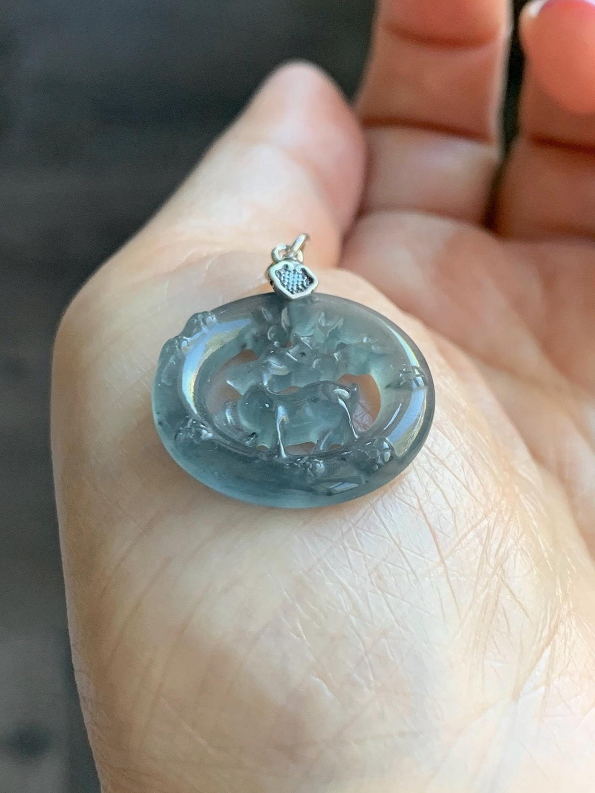 Natural Guatemalan Icy Highly Translucent Pastel Blue Wuji Jade Jadeite Deer Pendant Sterling Silver 3g 天然冰危起光乌鸡翡翠梅花鹿吊坠 WXL70