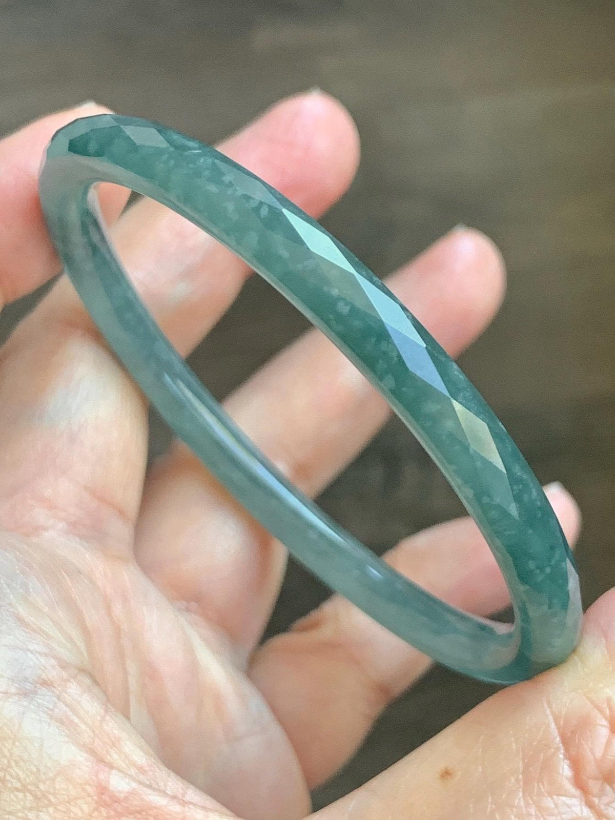 Certified Natural Grade A Guatemalan Icy Translucent Dusty Teal Jade Jadeite Diamond Faceted Slim Bangle 58mm 7.19” 19g 天然冰危蓝绿翡翠细圆条切割面手镯 954
