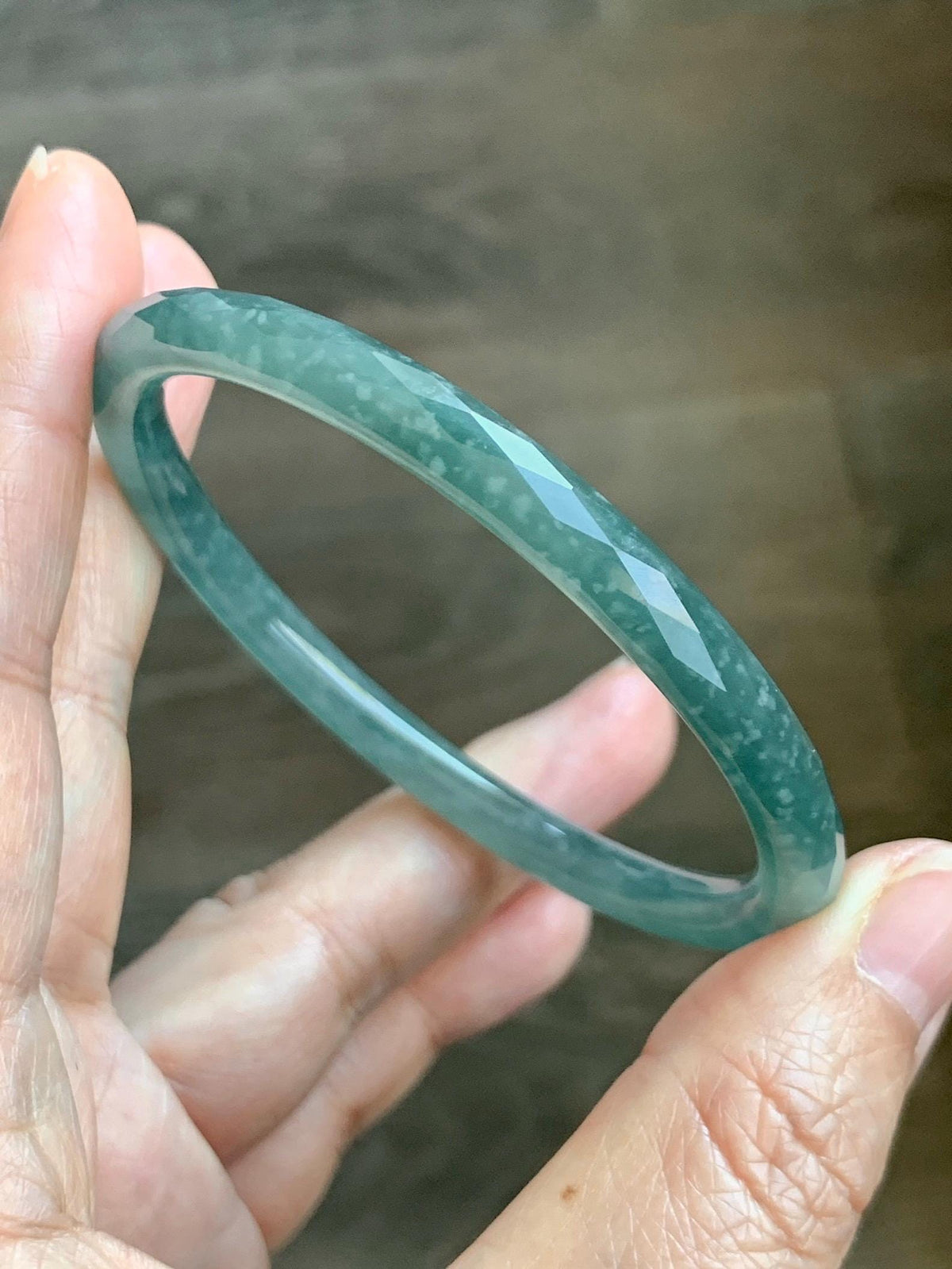 Certified Natural Grade A Guatemalan Icy Translucent Dusty Teal Jade Jadeite Diamond Faceted Slim Bangle 58mm 7.19” 19g 天然冰危蓝绿翡翠细圆条切割面手镯 954