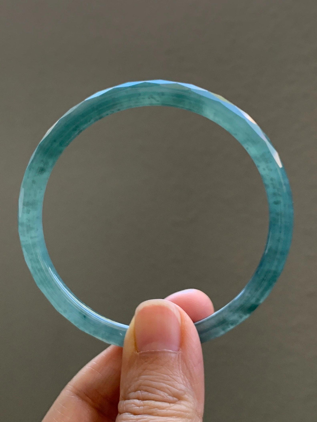 Certified Natural Grade A Guatemalan Icy Translucent Dusty Teal Jade Jadeite Diamond Faceted Slim Bangle 58mm 7.19” 19g 天然冰危蓝绿翡翠细圆条切割面手镯 954