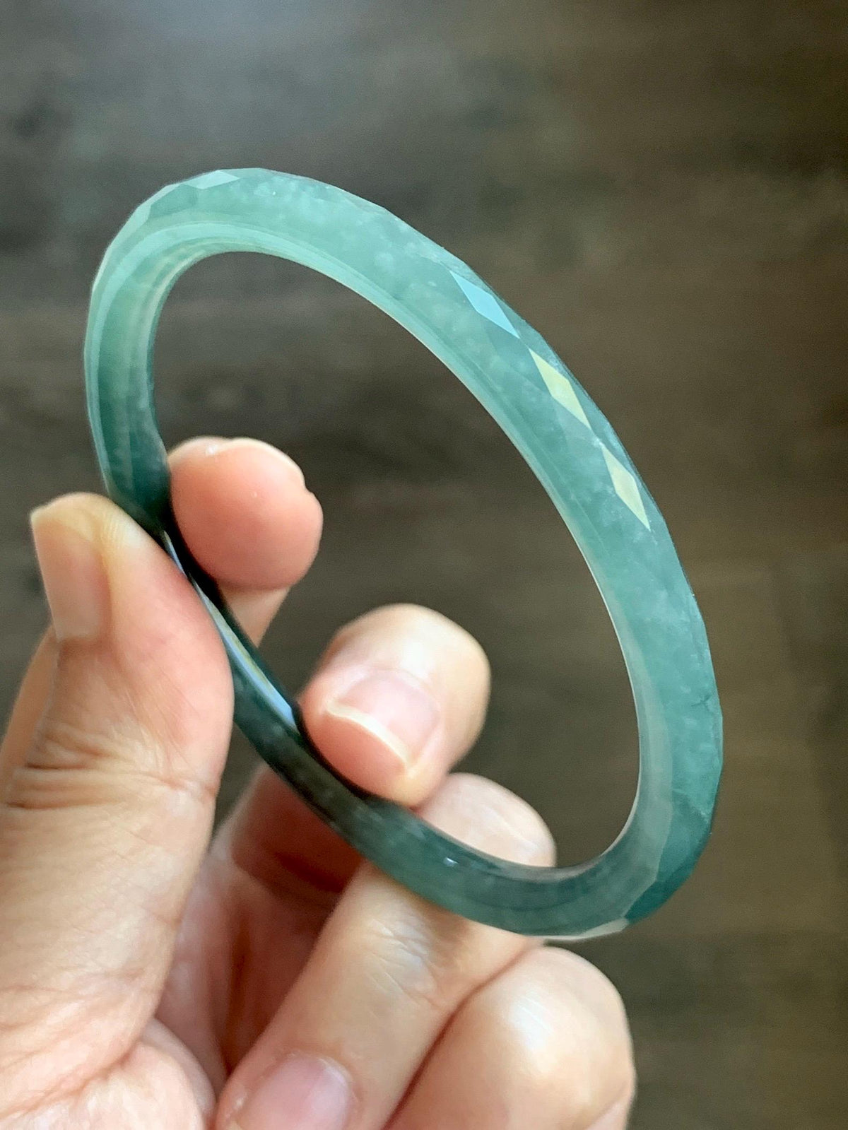 Certified Natural Grade A Guatemalan Icy Translucent Dusty Teal Jade Jadeite Diamond Faceted Slim Bangle 58mm 7.19” 19g 天然冰危蓝绿翡翠细圆条切割面手镯 954