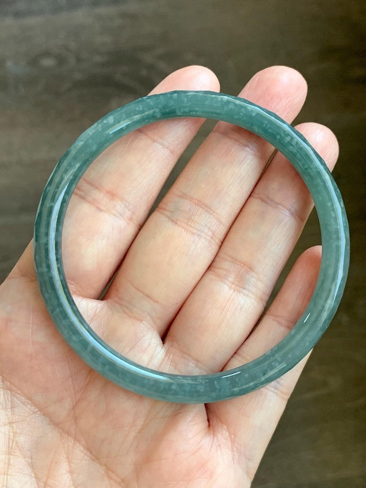 Certified Natural Grade A Guatemalan Icy Translucent Dusty Teal Jade Jadeite Diamond Faceted Slim Bangle 58mm 7.19” 19g 天然冰危蓝绿翡翠细圆条切割面手镯 954