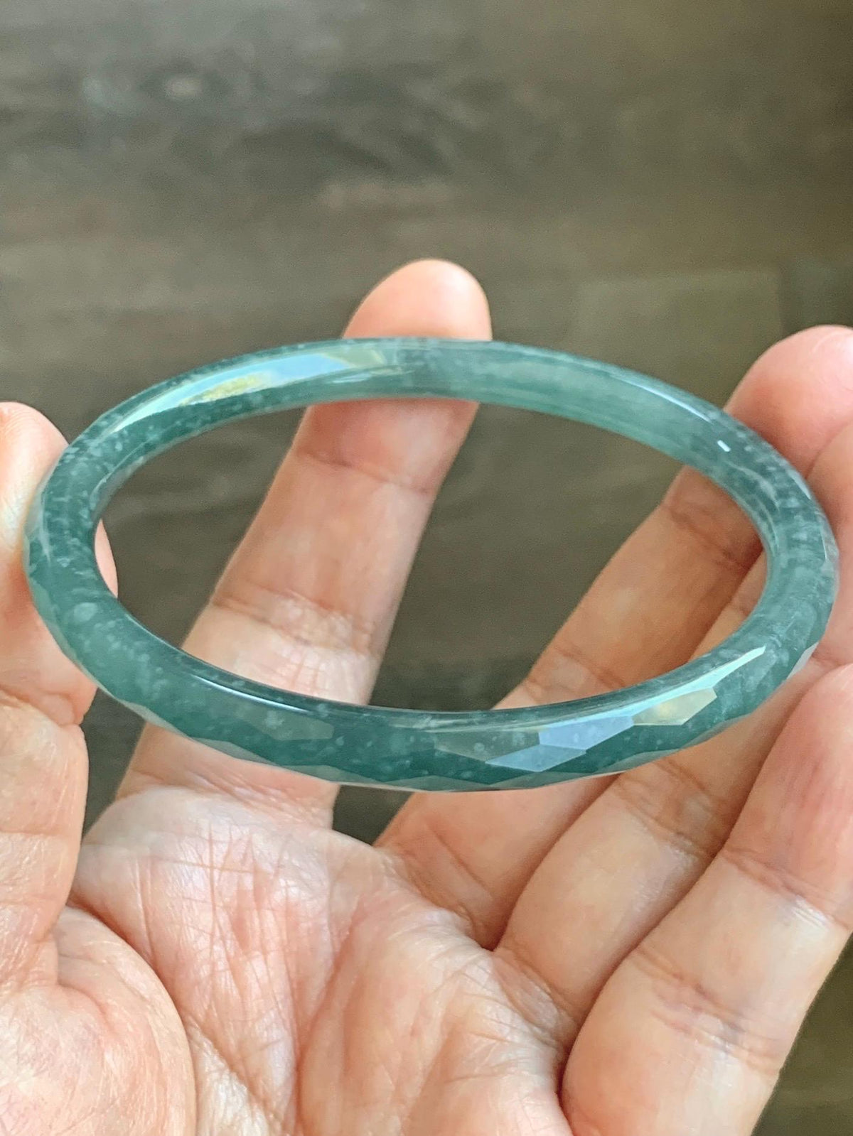 Certified Natural Grade A Guatemalan Icy Translucent Dusty Teal Jade Jadeite Diamond Faceted Slim Bangle 58mm 7.19” 19g 天然冰危蓝绿翡翠细圆条切割面手镯 954