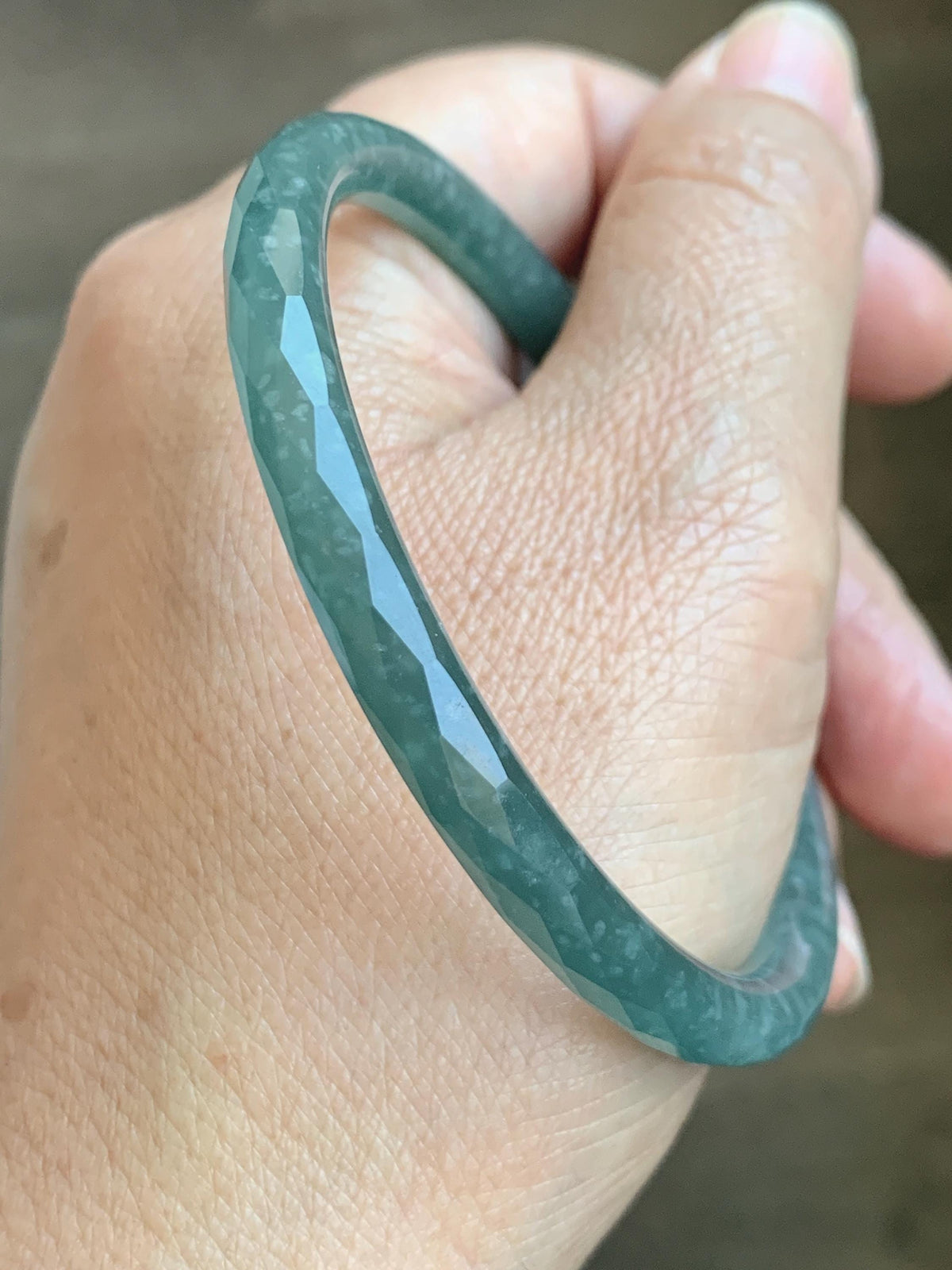 Certified Natural Grade A Guatemalan Icy Translucent Dusty Teal Jade Jadeite Diamond Faceted Slim Bangle 58mm 7.19” 19g 天然冰危蓝绿翡翠细圆条切割面手镯 954