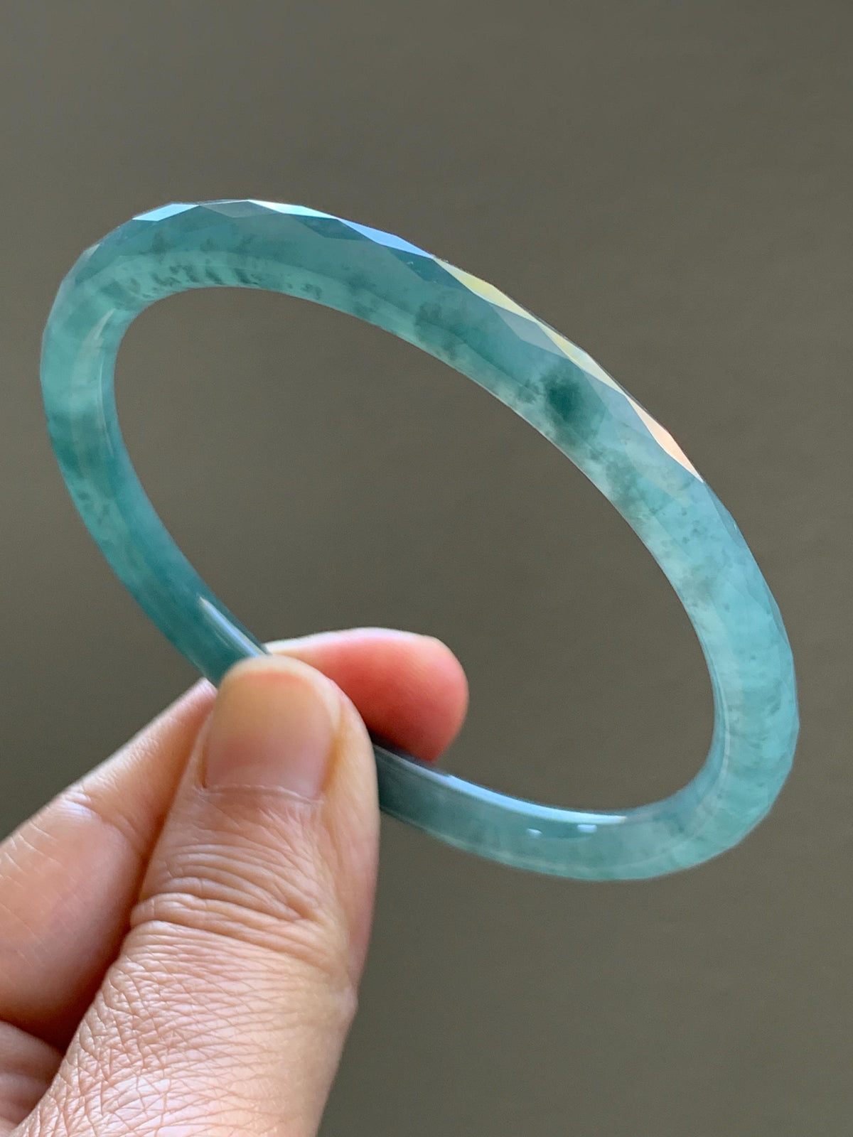 Certified Natural Grade A Guatemalan Icy Translucent Dusty Teal Jade Jadeite Diamond Faceted Slim Bangle 58mm 7.19” 19g 天然冰危蓝绿翡翠细圆条切割面手镯 954