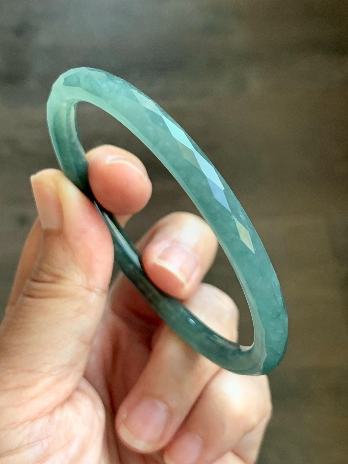 Certified Natural Grade A Guatemalan Icy Translucent Dusty Teal Jade Jadeite Diamond Faceted Slim Bangle 58mm 7.19” 19g 天然冰危蓝绿翡翠细圆条切割面手镯 954