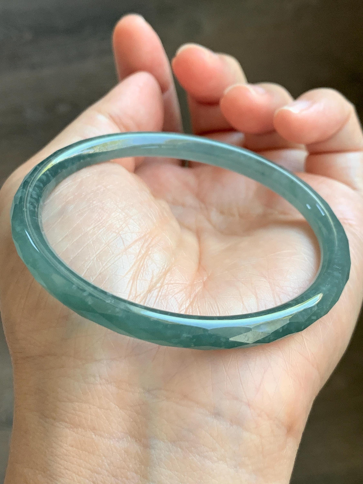 Certified Natural Grade A Guatemalan Icy Translucent Dusty Teal Jade Jadeite Diamond Faceted Slim Bangle 58mm 7.19” 19g 天然冰危蓝绿翡翠细圆条切割面手镯 954