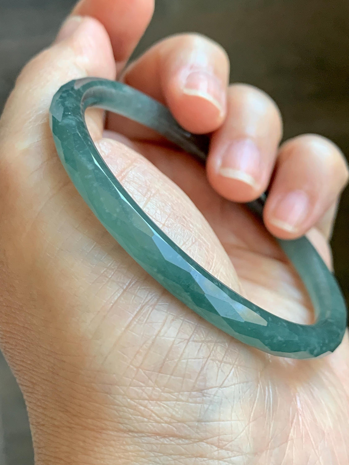 Certified Natural Grade A Guatemalan Icy Translucent Dusty Teal Jade Jadeite Diamond Faceted Slim Bangle 58mm 7.19” 19g 天然冰危蓝绿翡翠细圆条切割面手镯 954