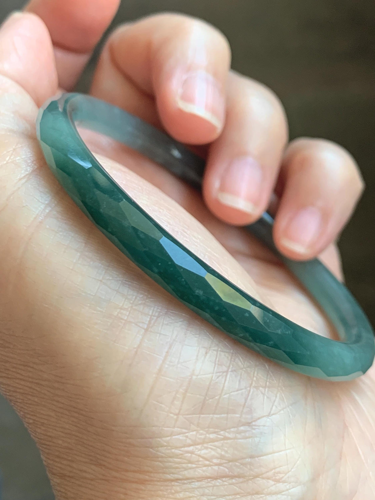 Certified Natural Grade A Guatemalan Icy Translucent Dusty Teal Jade Jadeite Diamond Faceted Slim Bangle 58mm 7.16” 19g 天然冰危蓝绿翡翠细圆条切割面手镯 953