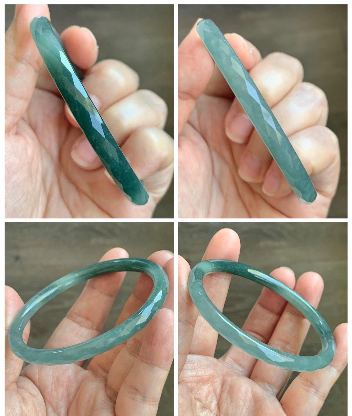 Certified Natural Grade A Guatemalan Icy Translucent Dusty Teal Jade Jadeite Diamond Faceted Slim Bangle 58mm 7.16” 19g 天然冰危蓝绿翡翠细圆条切割面手镯 953