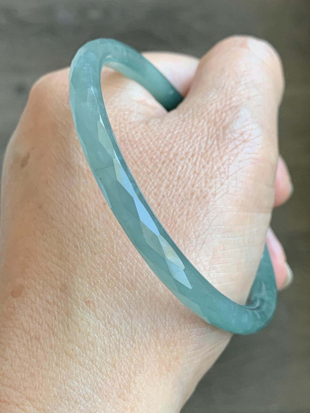 Certified Natural Grade A Guatemalan Icy Translucent Dusty Teal Jade Jadeite Diamond Faceted Slim Bangle 58mm 7.16” 19g 天然冰危蓝绿翡翠细圆条切割面手镯 953