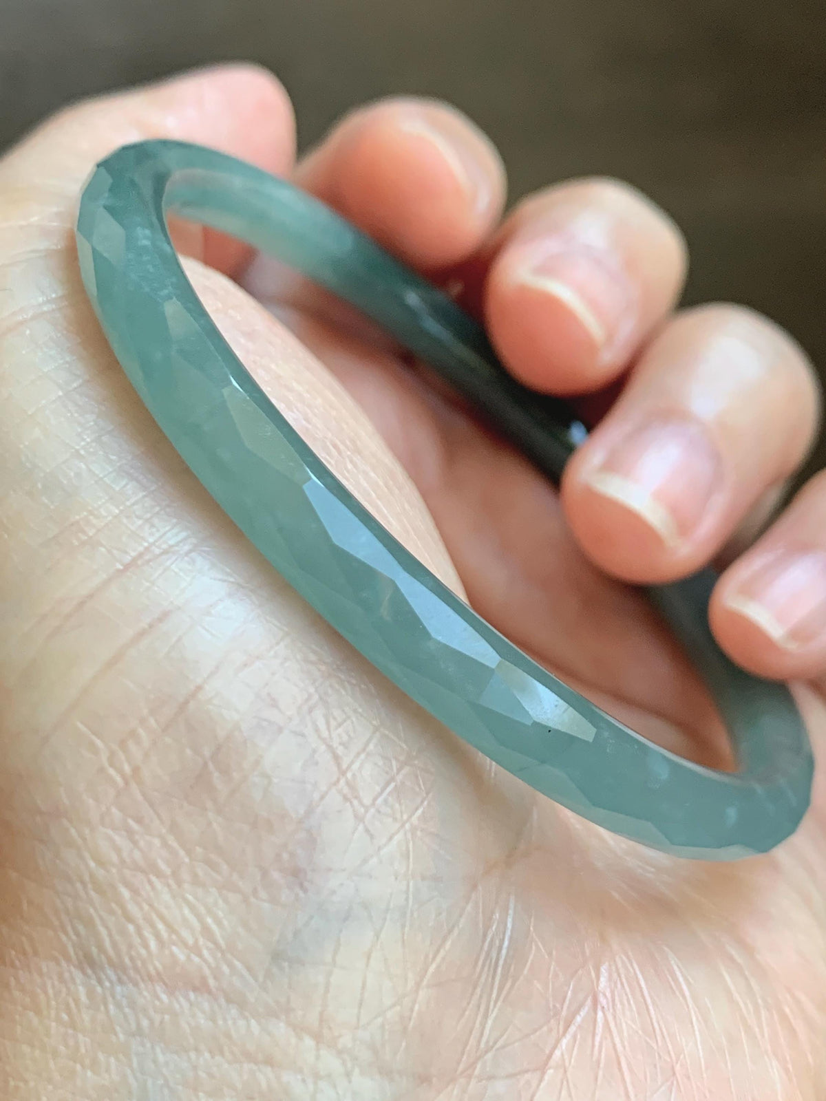 Certified Natural Grade A Guatemalan Icy Translucent Dusty Teal Jade Jadeite Diamond Faceted Slim Bangle 58mm 7.16” 19g 天然冰危蓝绿翡翠细圆条切割面手镯 953
