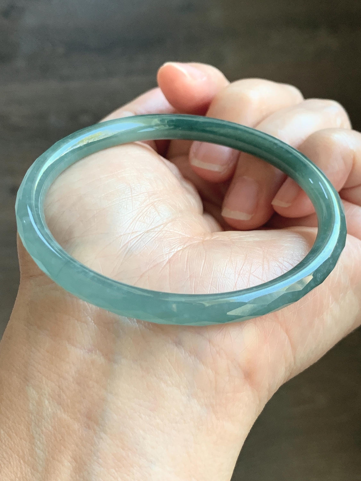 Certified Natural Grade A Guatemalan Icy Translucent Dusty Teal Jade Jadeite Diamond Faceted Slim Bangle 58mm 7.16” 19g 天然冰危蓝绿翡翠细圆条切割面手镯 953