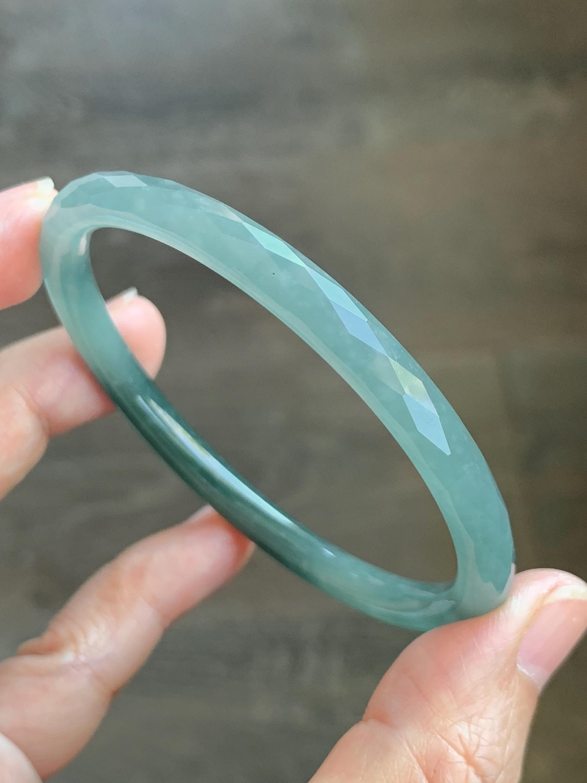 Certified Natural Grade A Guatemalan Icy Translucent Dusty Teal Jade Jadeite Diamond Faceted Slim Bangle 58mm 7.16” 19g 天然冰危蓝绿翡翠细圆条切割面手镯 953