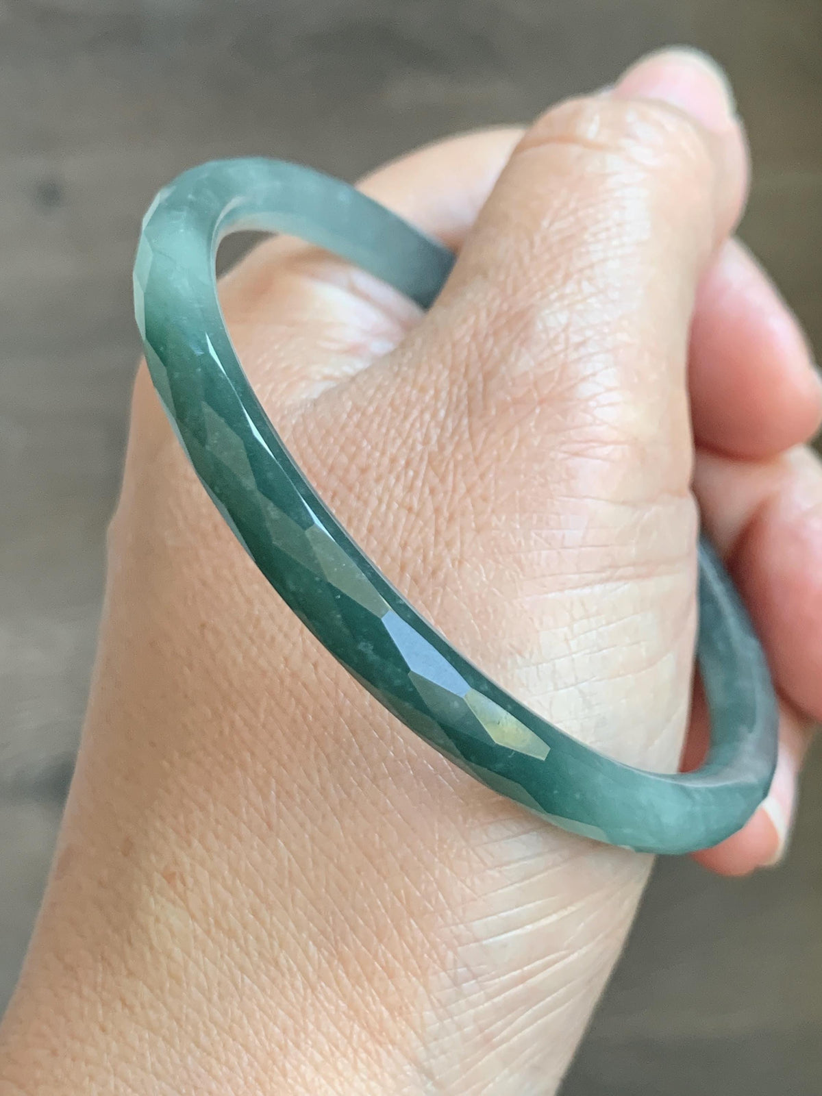 Certified Natural Grade A Guatemalan Icy Translucent Dusty Teal Jade Jadeite Diamond Faceted Slim Bangle 58mm 7.16” 19g 天然冰危蓝绿翡翠细圆条切割面手镯 953