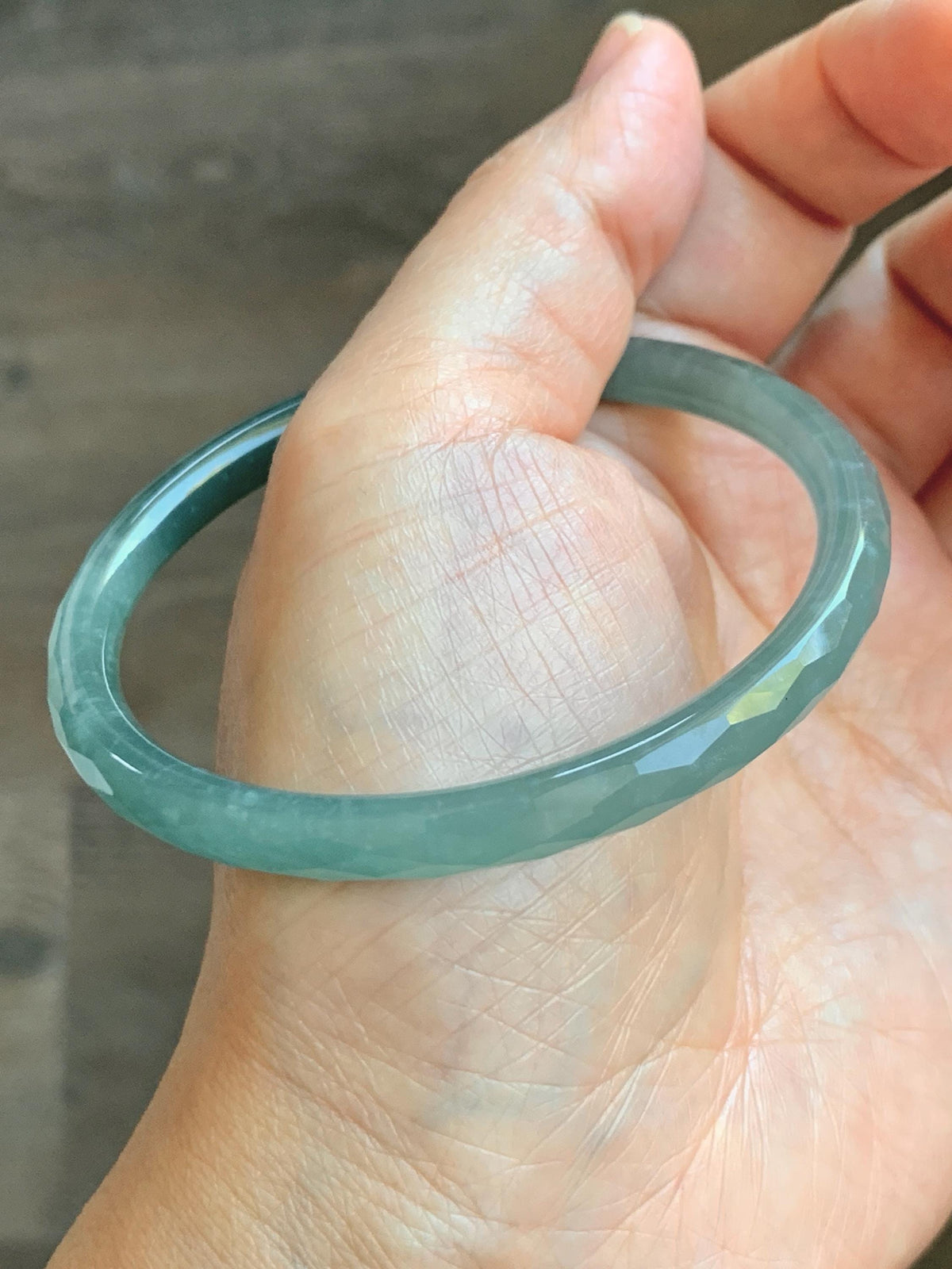 Certified Natural Grade A Guatemalan Icy Translucent Dusty Teal Jade Jadeite Diamond Faceted Slim Bangle 58mm 7.16” 19g 天然冰危蓝绿翡翠细圆条切割面手镯 953