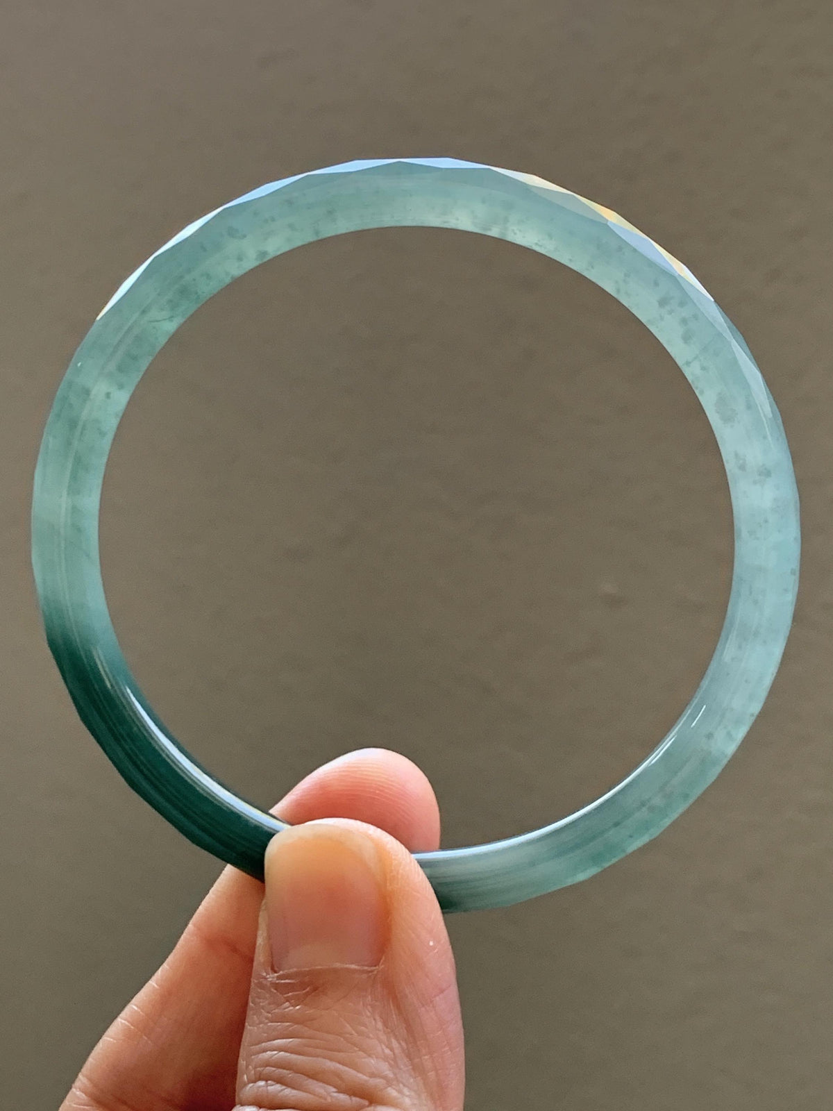 Certified Natural Grade A Guatemalan Icy Translucent Dusty Teal Jade Jadeite Diamond Faceted Slim Bangle 58mm 7.16” 19g 天然冰危蓝绿翡翠细圆条切割面手镯 953