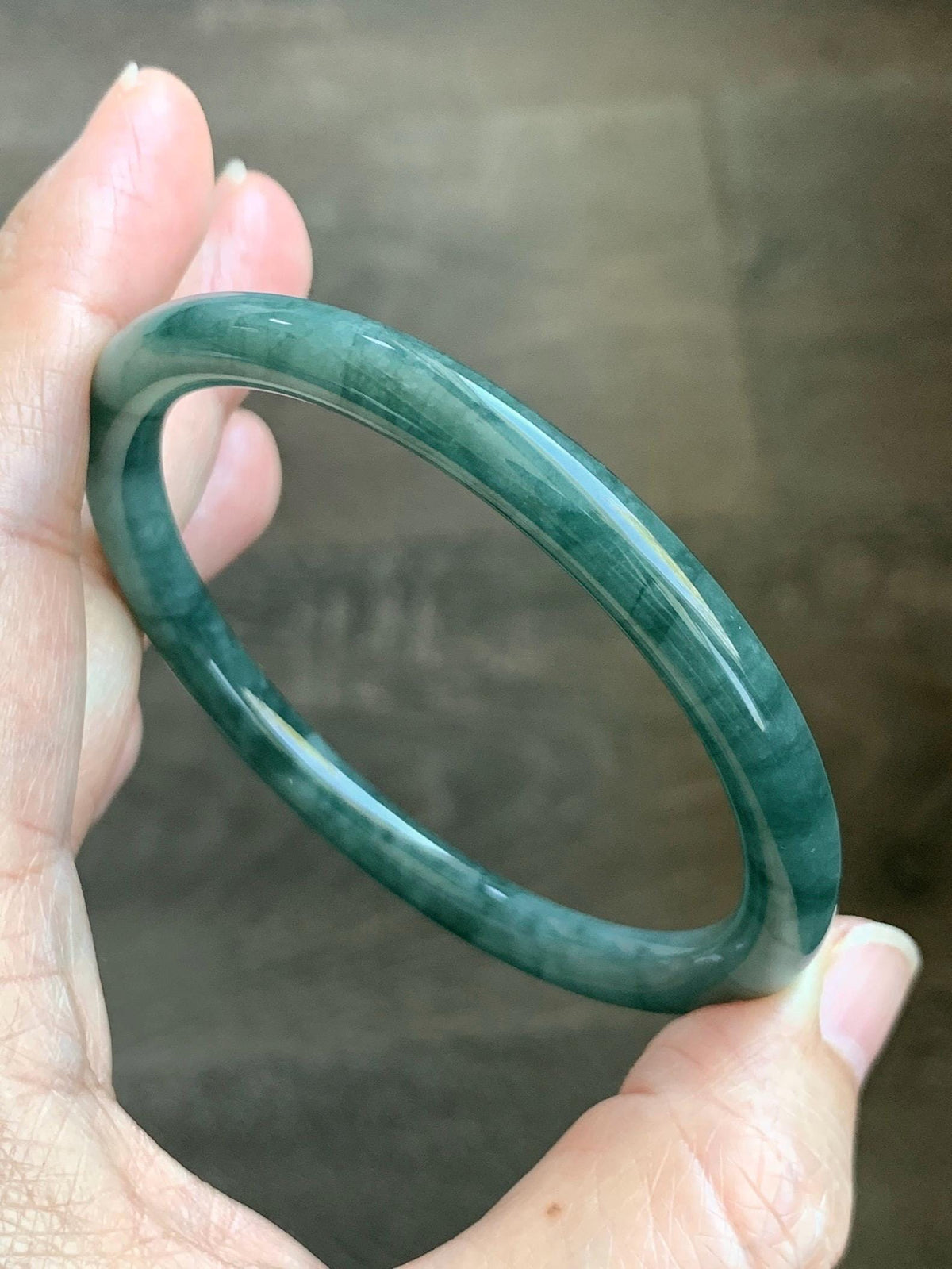 Certified Natural Grade A Guatemalan Icy Translucent Dark Dusty Teal Green Jade Jadeite Bangle Bracelet 57.92mm 7.16” 24g 天然冰危深蓝绿翡翠圆条手镯 934