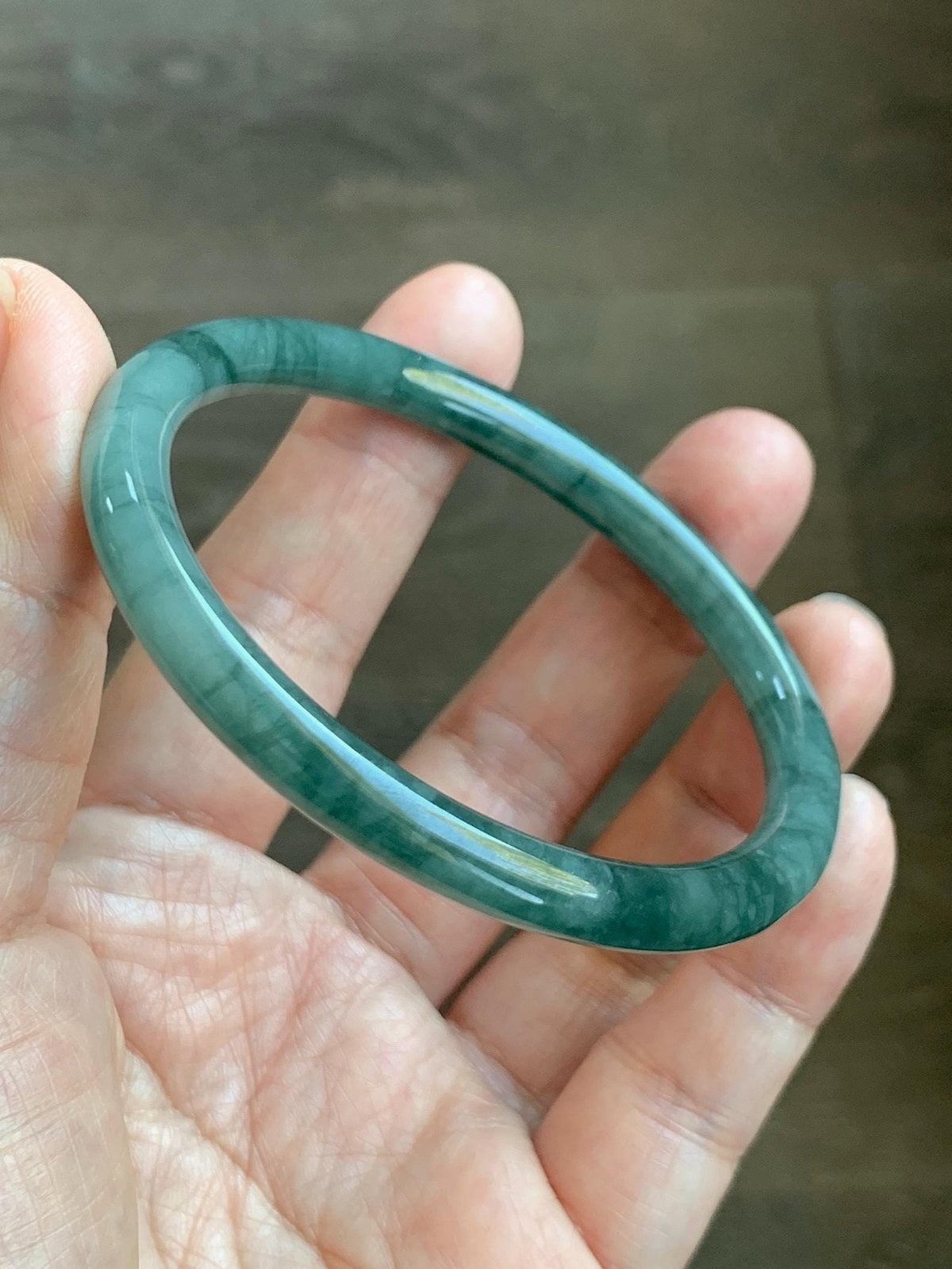 Certified Natural Grade A Guatemalan Icy Translucent Dark Dusty Teal Green Jade Jadeite Bangle Bracelet 57.92mm 7.16” 24g 天然冰危深蓝绿翡翠圆条手镯 934