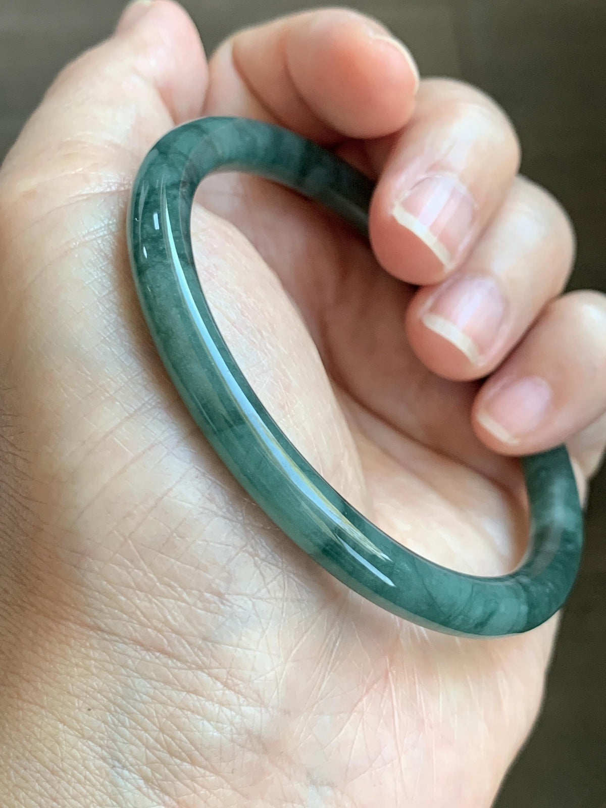 Certified Natural Grade A Guatemalan Icy Translucent Dark Dusty Teal Green Jade Jadeite Bangle Bracelet 57.92mm 7.16” 24g 天然冰危深蓝绿翡翠圆条手镯 934