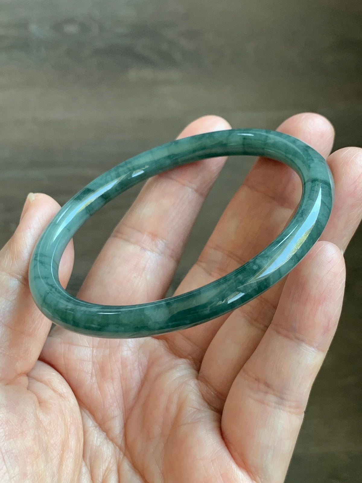 Certified Natural Grade A Guatemalan Icy Translucent Dark Dusty Teal Green Jade Jadeite Bangle Bracelet 57.92mm 7.16” 24g 天然冰危深蓝绿翡翠圆条手镯 934