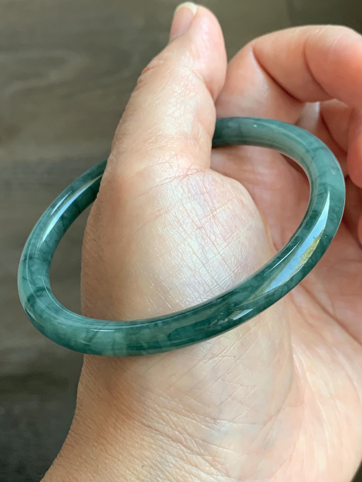 Certified Natural Grade A Guatemalan Icy Translucent Dark Dusty Teal Green Jade Jadeite Bangle Bracelet 57.92mm 7.16” 24g 天然冰危深蓝绿翡翠圆条手镯 934