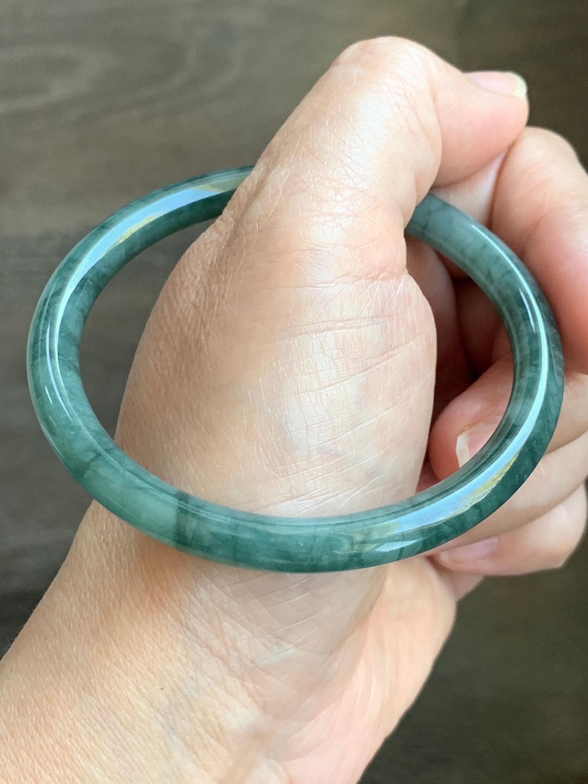 Certified Natural Grade A Guatemalan Icy Translucent Dark Dusty Teal Green Jade Jadeite Bangle Bracelet 57.92mm 7.16” 24g 天然冰危深蓝绿翡翠圆条手镯 934