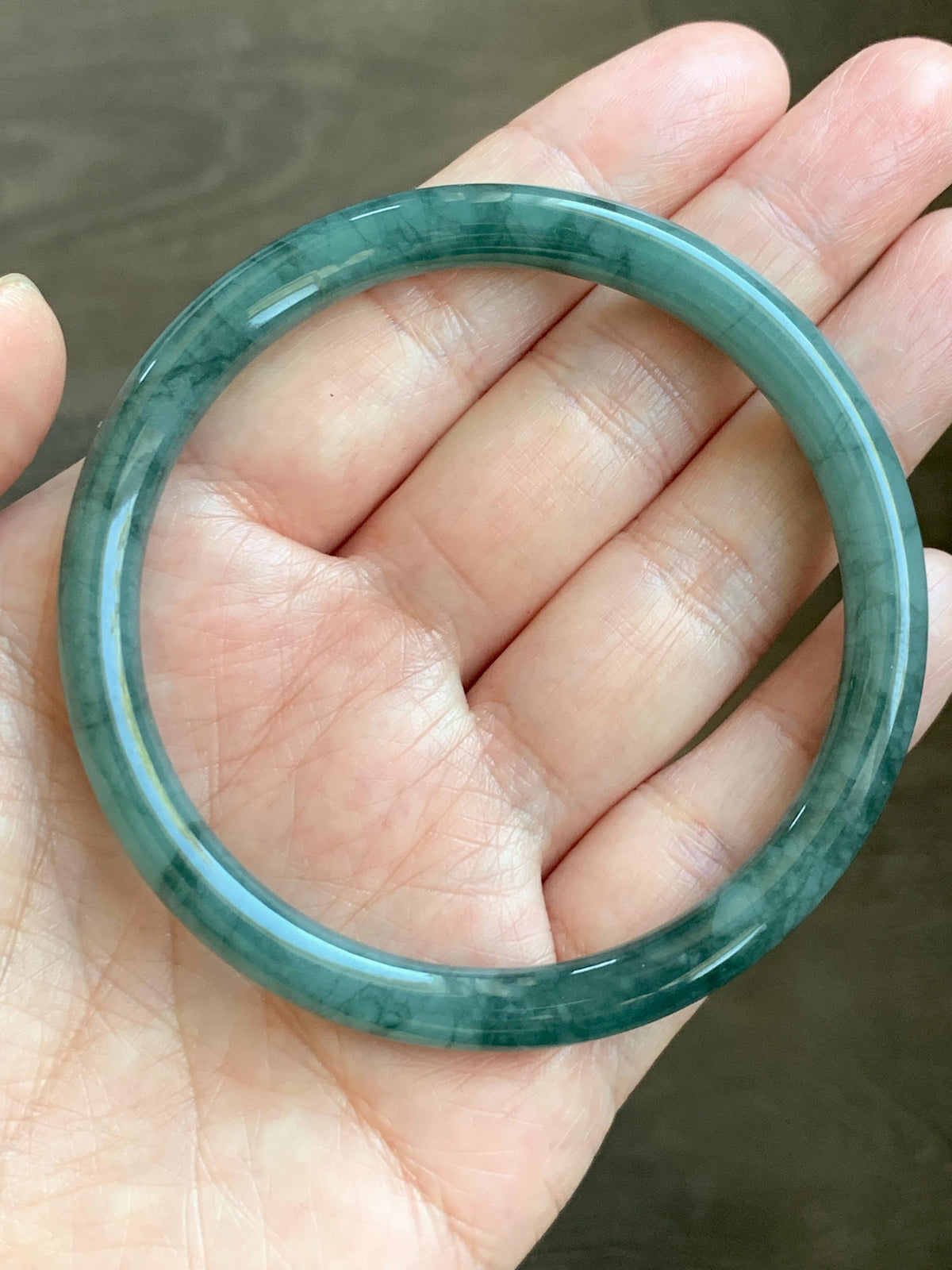 Certified Natural Grade A Guatemalan Icy Translucent Dark Dusty Teal Green Jade Jadeite Bangle Bracelet 57.92mm 7.16” 24g 天然冰危深蓝绿翡翠圆条手镯 934