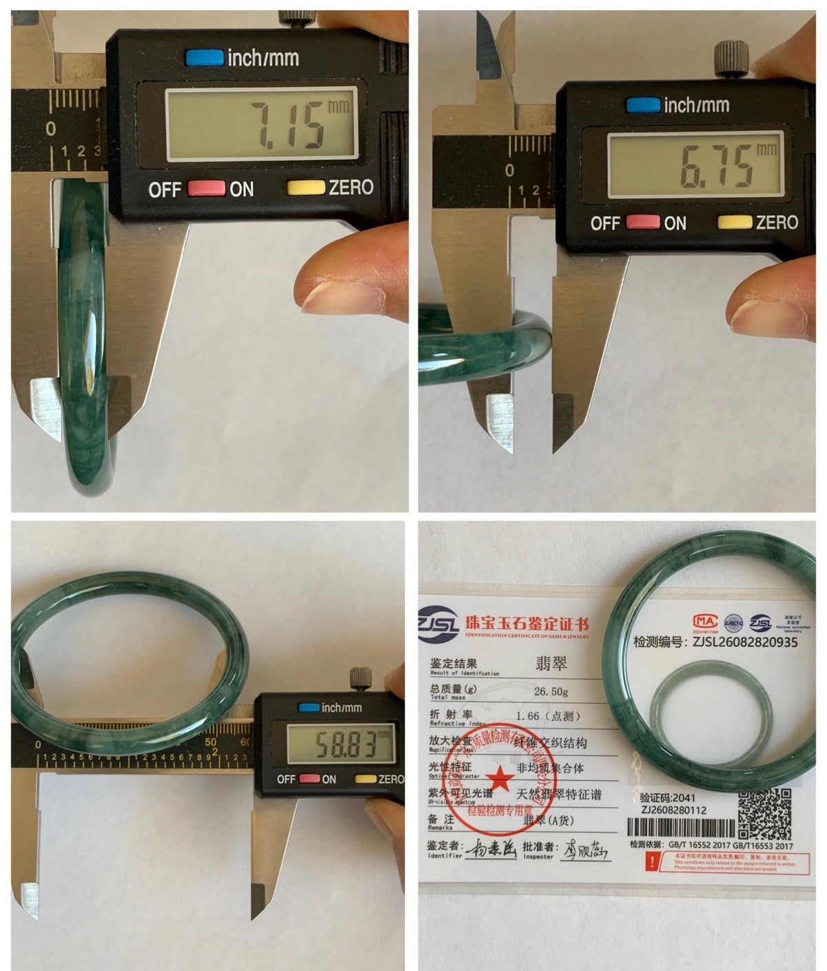 Certified Natural Grade A Guatemalan Icy Translucent Dark Dusty Teal Green Jade Jadeite Bangle Bracelet 58.83mm 7.27” 26.5g 天然冰危深蓝绿翡翠圆条手镯935