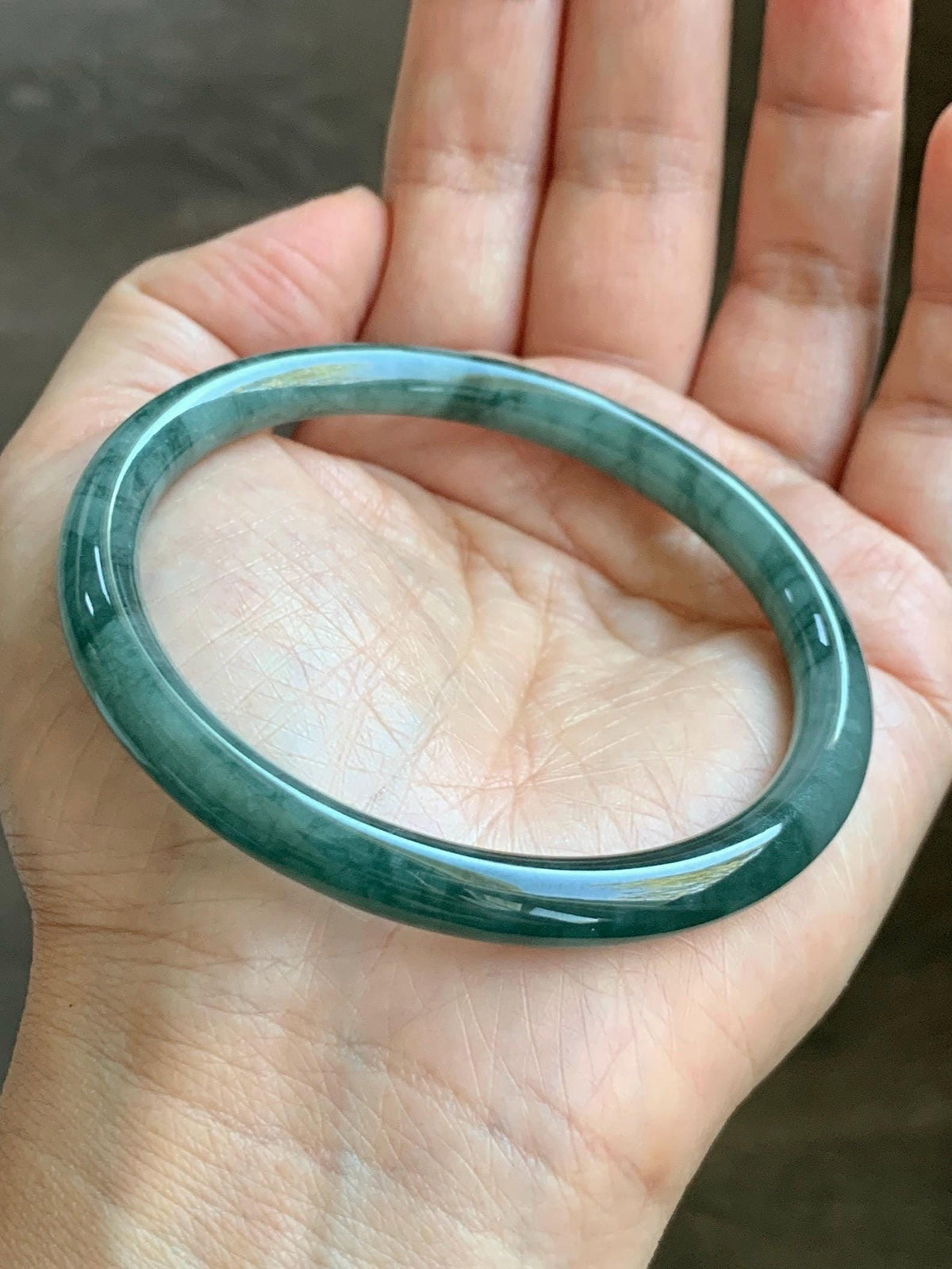 Certified Natural Grade A Guatemalan Icy Translucent Dark Dusty Teal Green Jade Jadeite Bangle Bracelet 58.83mm 7.27” 26.5g 天然冰危深蓝绿翡翠圆条手镯935