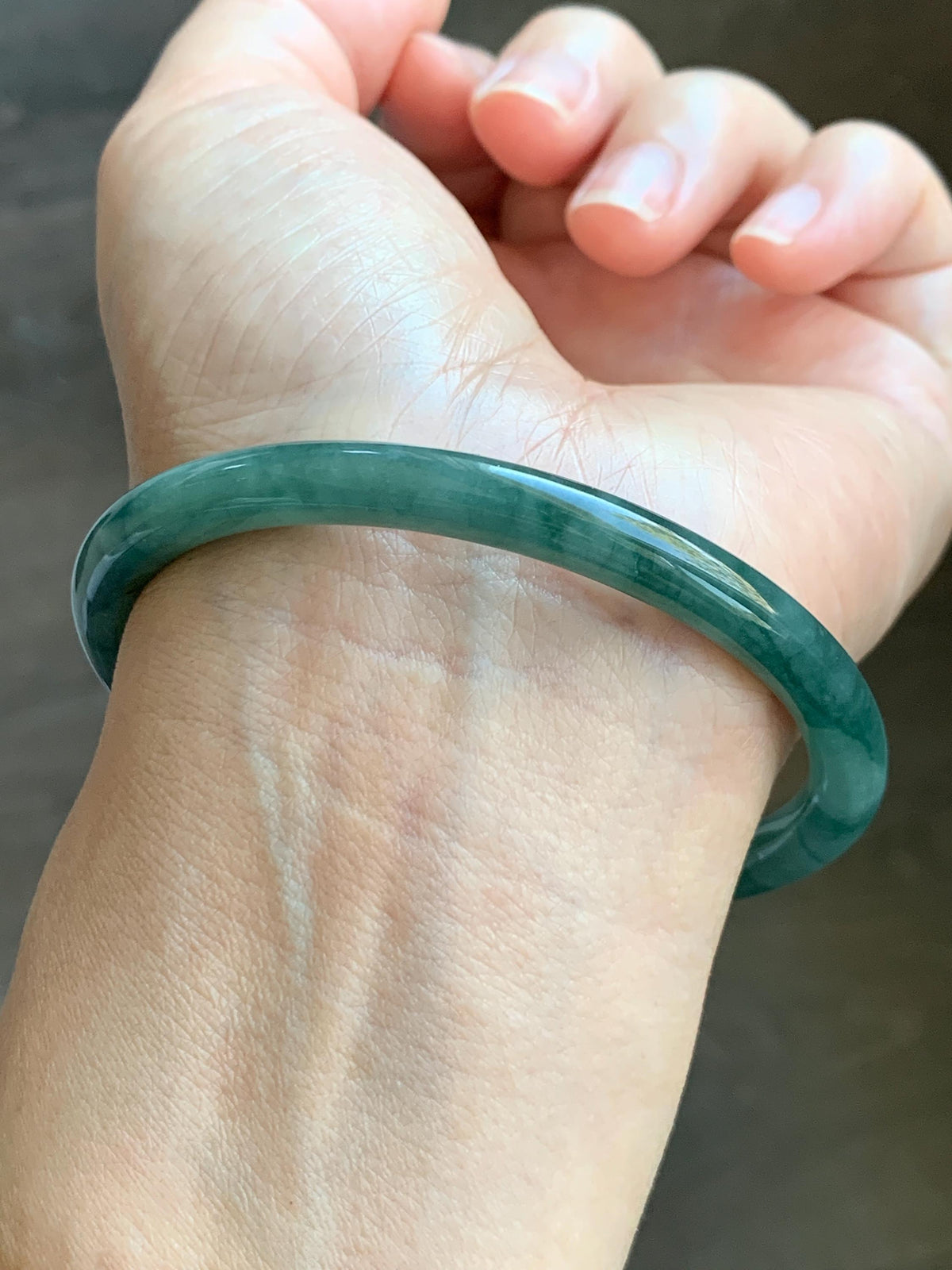 Certified Natural Grade A Guatemalan Icy Translucent Dark Dusty Teal Green Jade Jadeite Bangle Bracelet 59.83mm 7.4” 23g 天然冰危深蓝绿翡翠圆条手镯 937